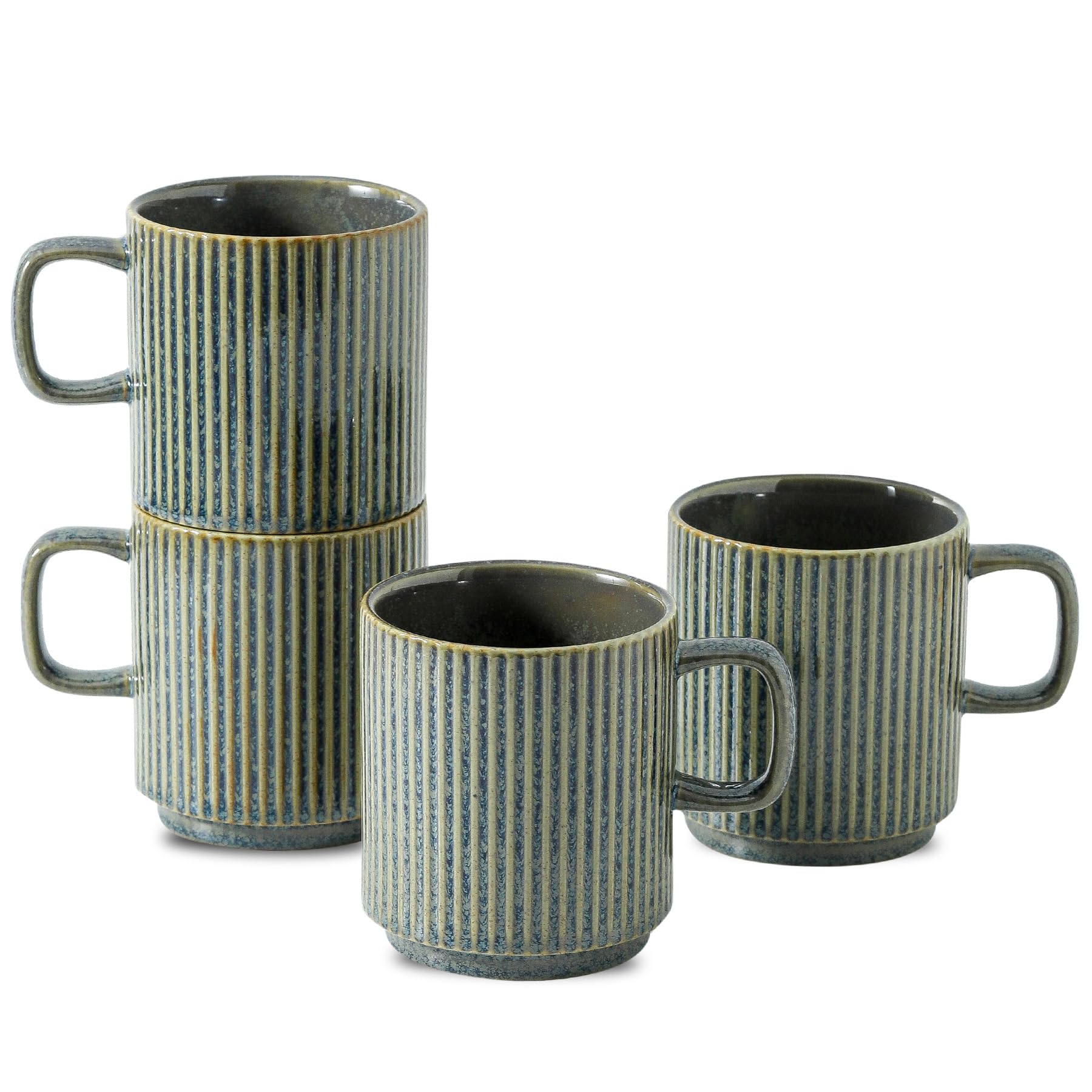 Seyatoo Coffee Mugs Set of 4, Ceramic Ribbed Tea Coffee Cups with Handle, Large Porcelain Mug for Americano, Latte, Cappuccino, Hot Chocolate, Green