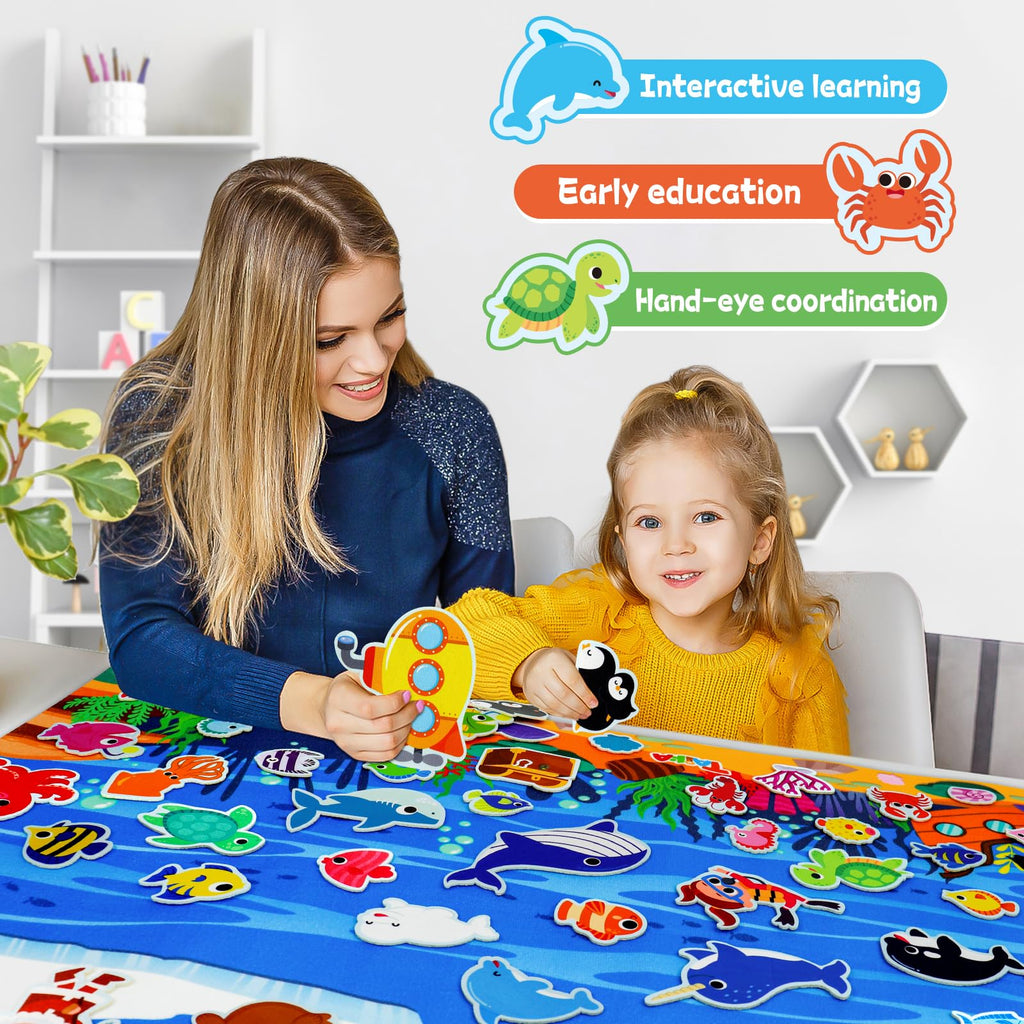 Taika 70 Pcs Ocean Creatures Felt Story Board Set, 43x28 inch Flannel Board, Fuzzy Felt Set, Preschool Storytelling, Classroom Educational Learning Play Kit, Interactive Teaching Kit for 4+