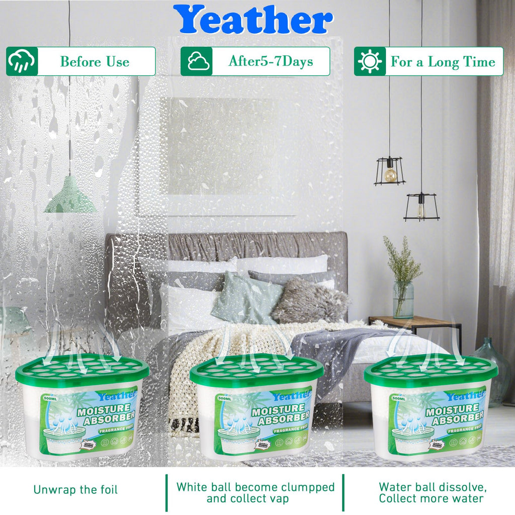 YEATHER 12 Pack Fragrance Free Moisture Absorber, 16.9OZ Portable Dehumidifier Moisture Absorber for Closet Bathroom, Wardrobes, Kitchen, Laundry (Green)