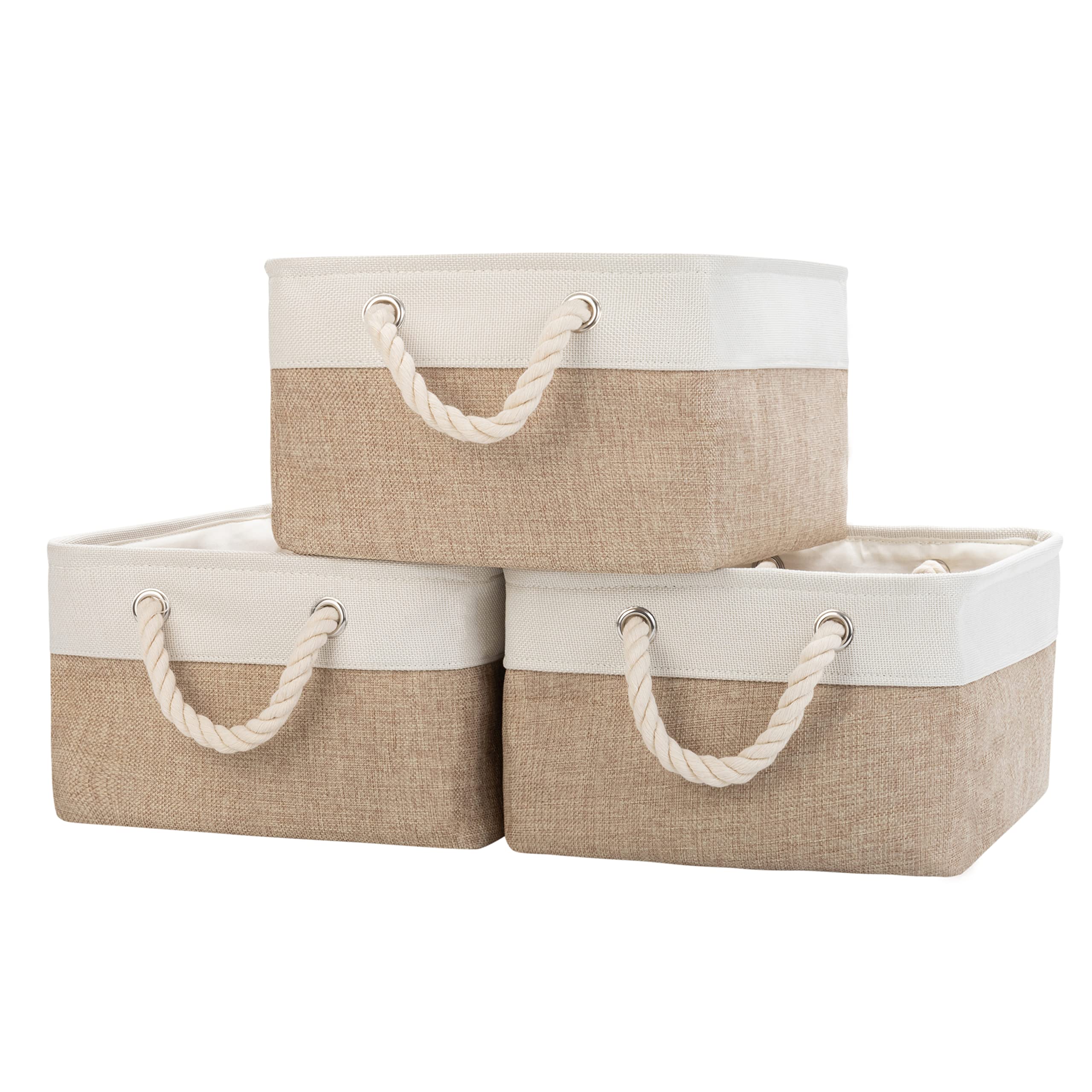 Storage Basket Bins - Fabric Basket&Decorative Baskets Storage Box Cubes Containers W/Handles for Clothes Storage Books, Home, Office, Garage (Beige&White, 36X26X17 (3pack))
