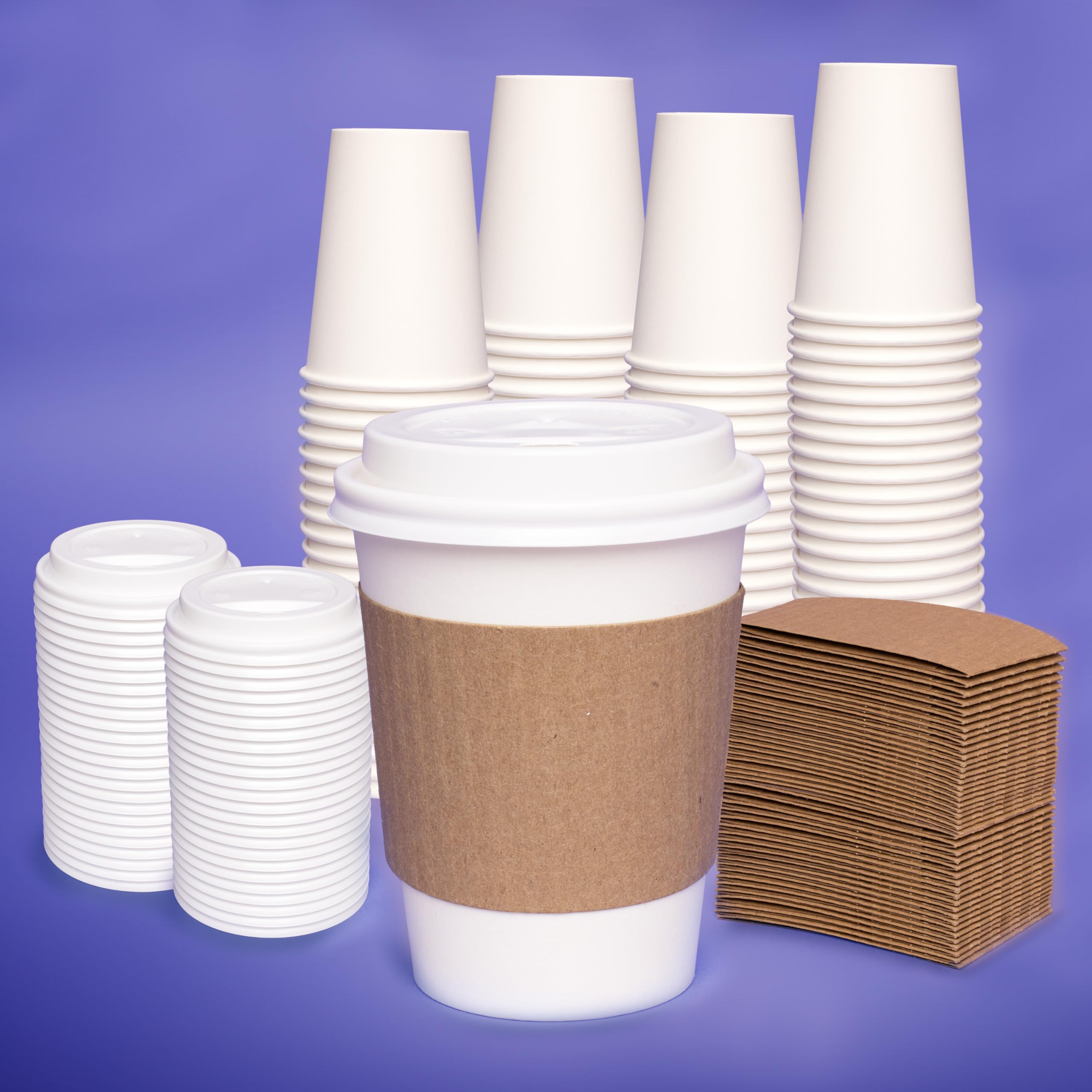 Blue Lake 12 oz Disposable Coffee Cups with Lids & Cup Sleeves. Made in Canada. 100 Cups, lids & Cup Sleeves