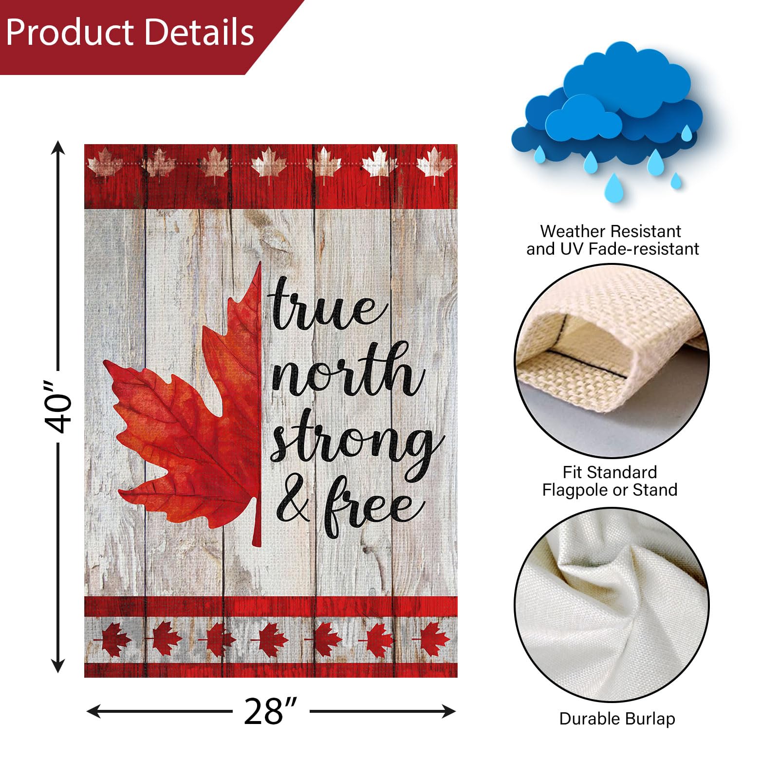 Louise Maelys Canada Day Garden Flags Maple Leaf True North Strong Free Flag 28 x 40 Inch Double Sided Burlap Flags 1st July Patriotic Canada Outdoor Decorations(Only Flags)