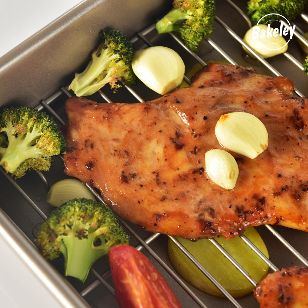 Bakeley 13-inch Baking Sheet Pan with Rack, Non-Stick Rectangular Deep Dish (1 Pan + 1 Rack), Oven-BBQ Bakeware for Oven Baking 13.78" x 9.84" x 2.36" (Champagne Gold)