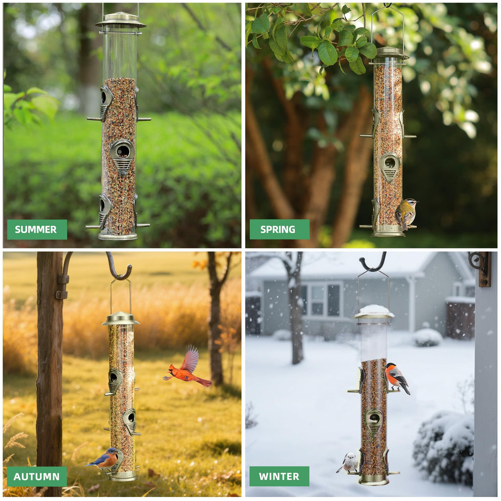 MIXXIDEA Metal Bird Feeder with 6 Feeding Ports, Bird Feeders for Outdoor Hanging, 16 inch Tube Bird Feeder with Steel Hanger & Hard Plastic, Attracting for Wild Birds (Bronze)