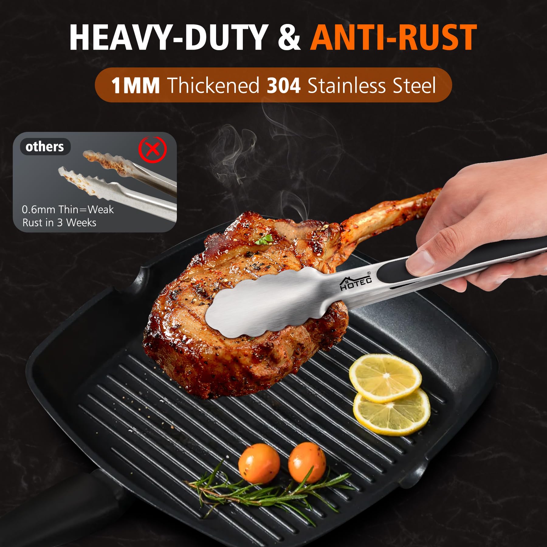 Hotec Stainless Steel Kitchen Tongs Set of 2-9" and 12", Locking Metal Food Tongs Non-Slip Grip