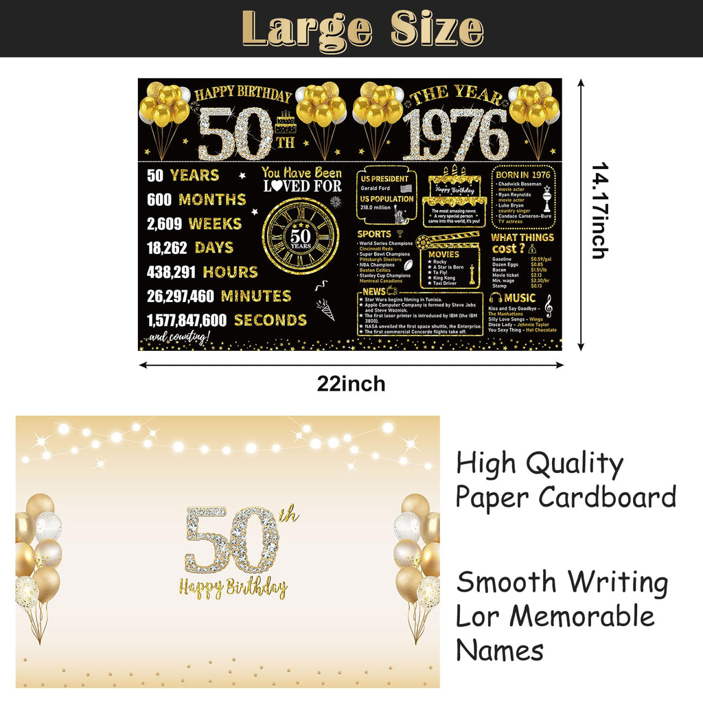 Kuxriox Large 50th Birthday Card With Envelope, Black Gold Happy 50th Birthday Giant Guest Book Gifts for Men Women, Giant Fifty Bday Card Gifts Party Supplies, The Year 1976 Jumbo 50 Bday Card