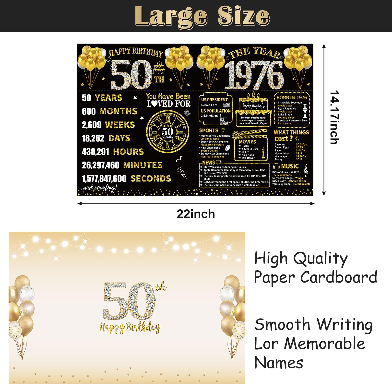 Kuxriox Large 50th Birthday Card With Envelope, Black Gold Happy 50th Birthday Giant Guest Book Gifts for Men Women, Giant Fifty Bday Card Gifts Party Supplies, The Year 1976 Jumbo 50 Bday Card