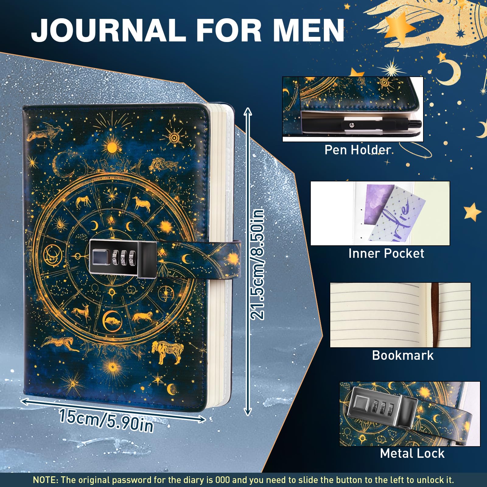 Diary with Lock for Boys, 192 Pages Journal for Men with Pen, Christmas Birthday Gifts for Teen Boys 8-18, A5 Vintage Mens Notebook Leather for Writing Travel Office