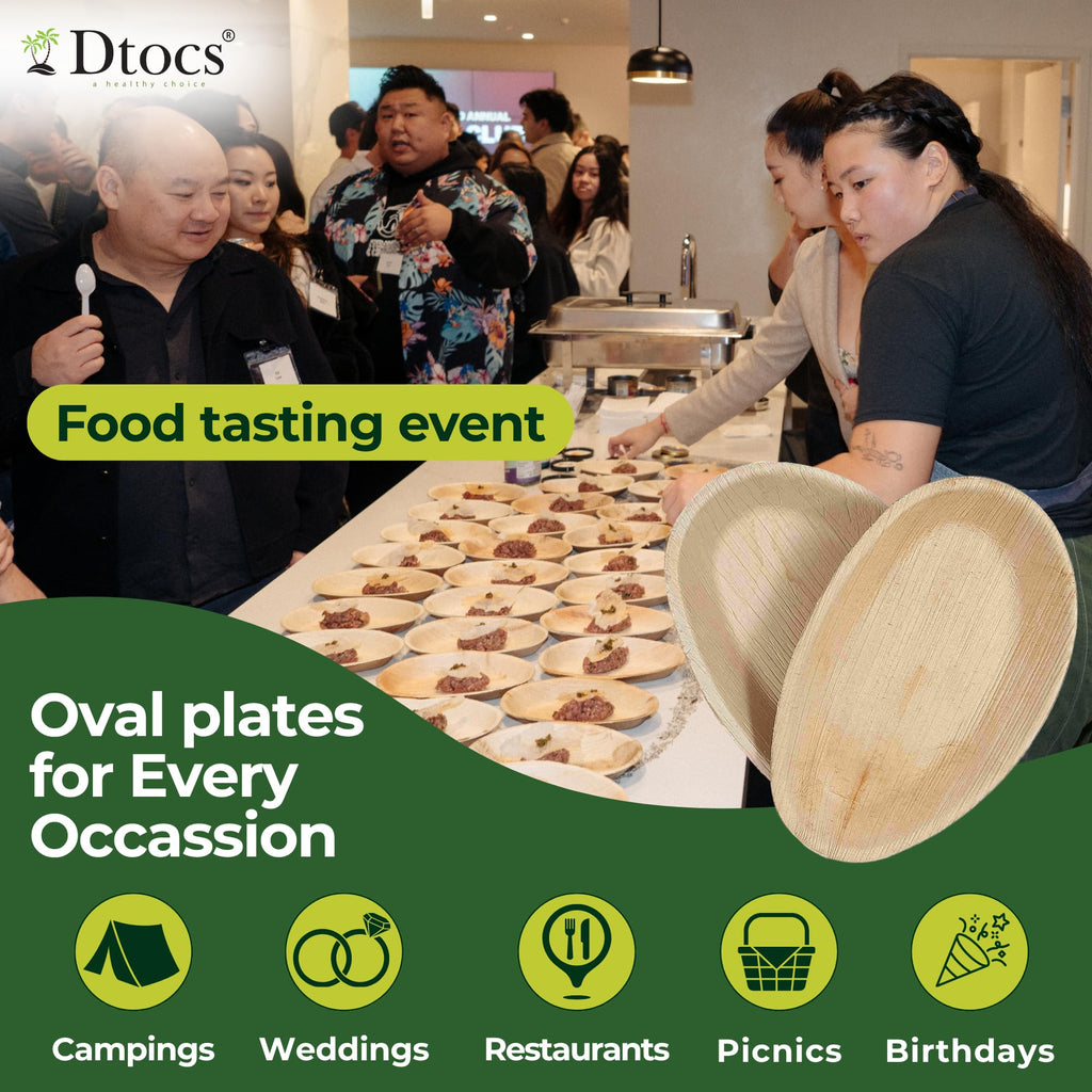 Dtocs Palm Leaf Disposable Plates 7x5 Inch Oval (50) | Wooden, Bamboo Plates Look | Dinnerware Set for Appetizer, Dinner, Mini Charcuterie Boards | Disposable Alt to Plastic, Wood, Paper Plates