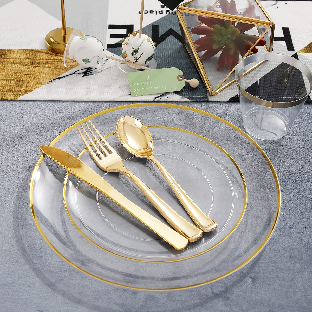 LIYH 60 Pcs Clear and Gold Plastic Plates Heavy Duty Clear Disposable Plates for Party Gold Plastic Plate for Wedding Birthday Include 30 Dinner 30 Dessert Plate