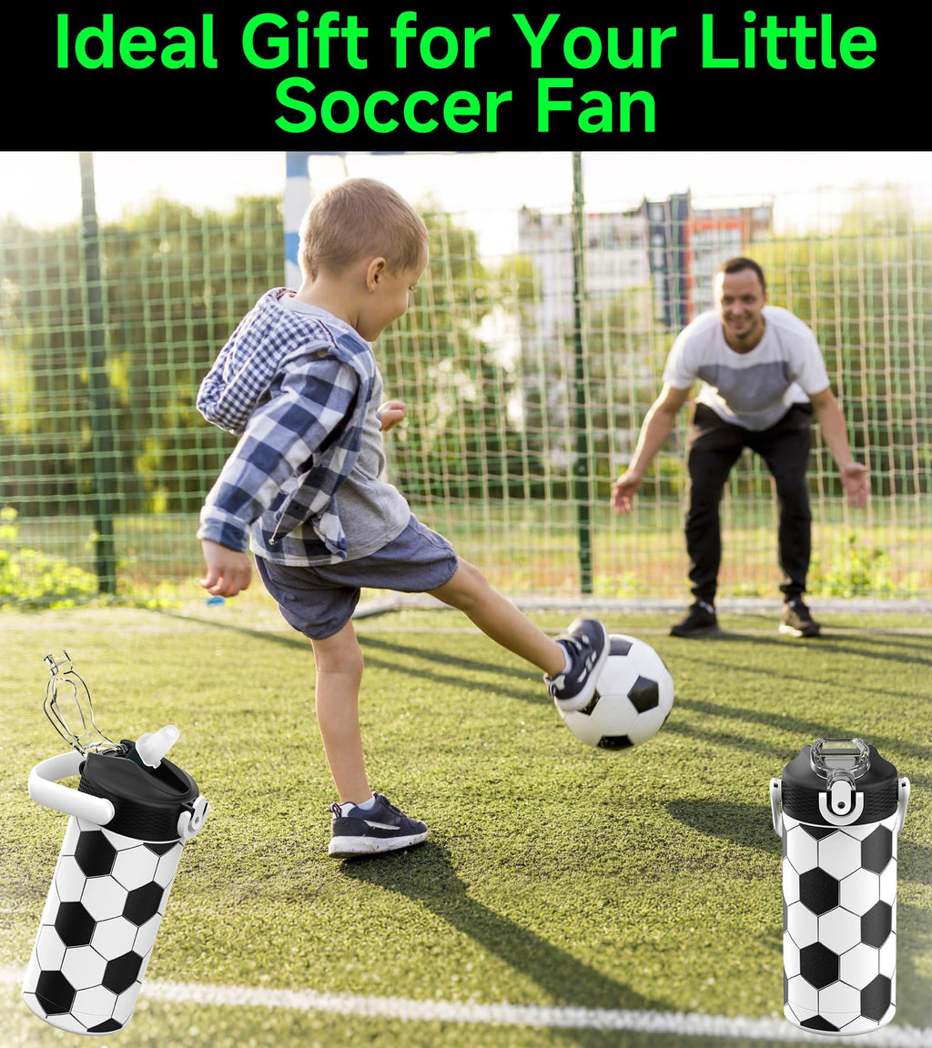 MYFOREST 14oz/400ml Insulated Kids Water Bottle, Odor-Free Surgical Grade Liner, Dishwasher-Safe, Name Spot, Soft Sipper (Soccer)