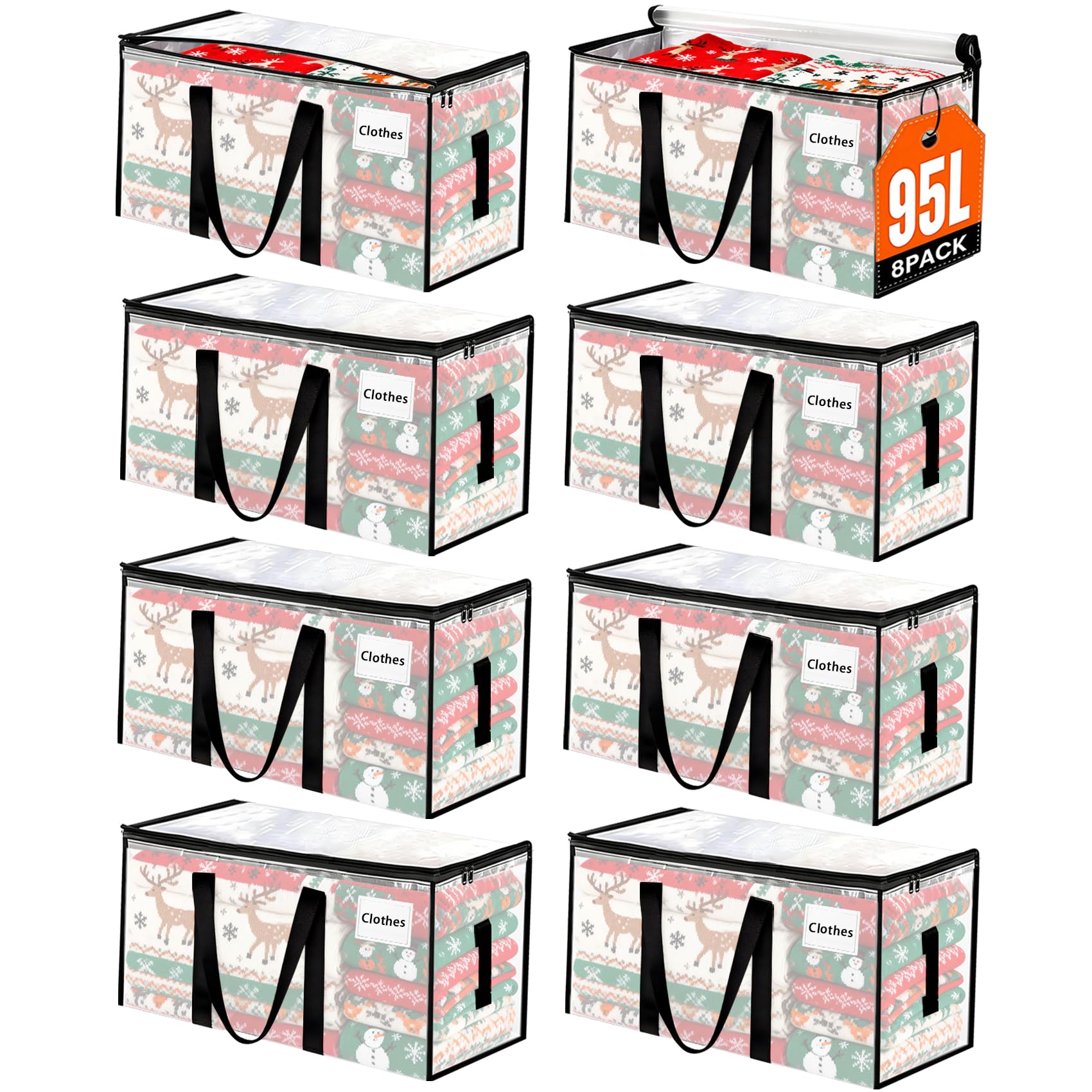 8 Pack Extra Large Heavy Duty Moving Bags,Clear Large Storage Bags with Lids,Moving Boxes with Zippers & Reinforced Handles,Transparent Packing Bags for College Dorm,Traveling,Christmas Decorations