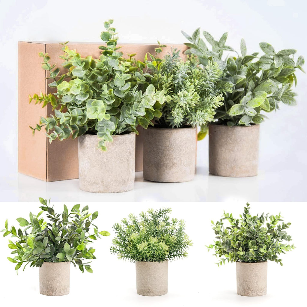 Der Rose 3 Pack Mini Potted Fake Plants Artificial Plastic Eucalyptus Plants for Home Office Desk Farmhouse Room Decor Indoor