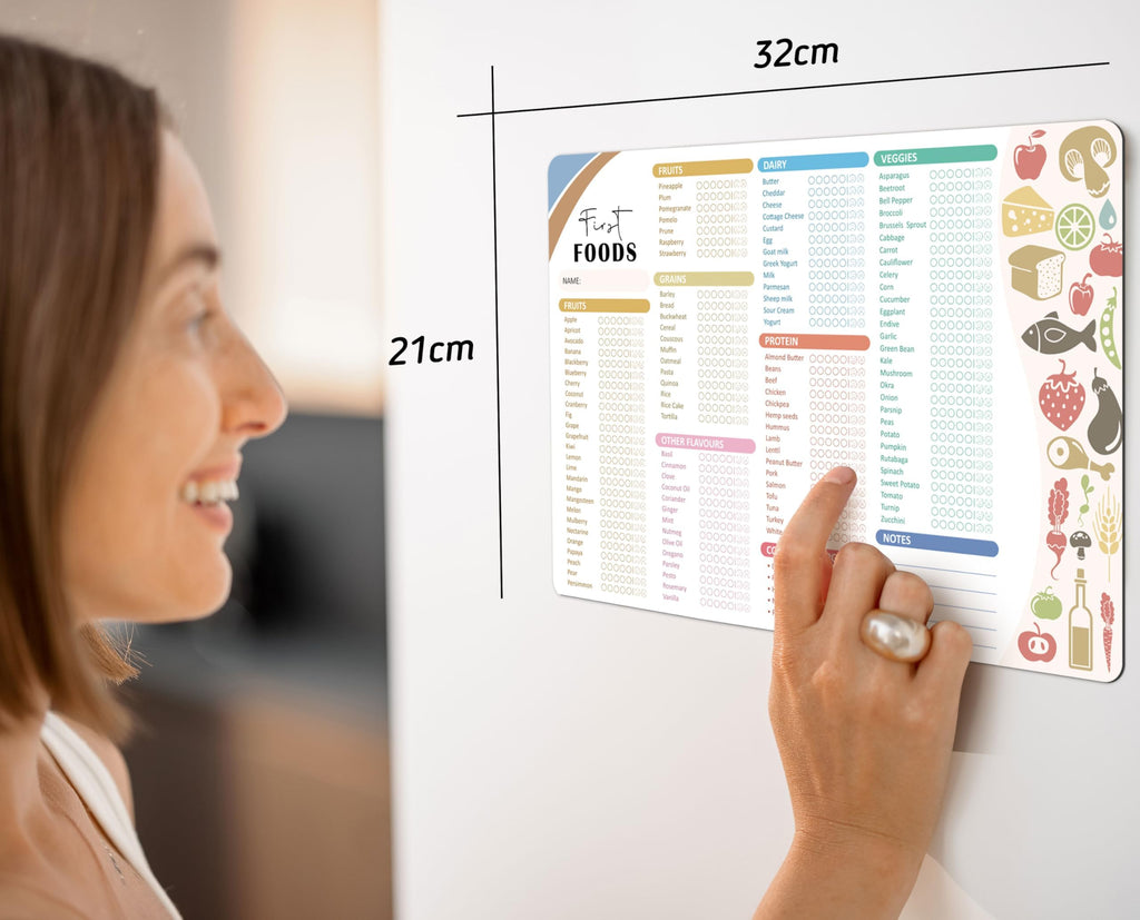 BIROYAL Baby First Foods Tracker Fridge Magnet, Led Weaning Supplies, 12"x8" Dry Erase Daily Food Log, 101 Foods Checklist Before One, Baby Feeding Essentials