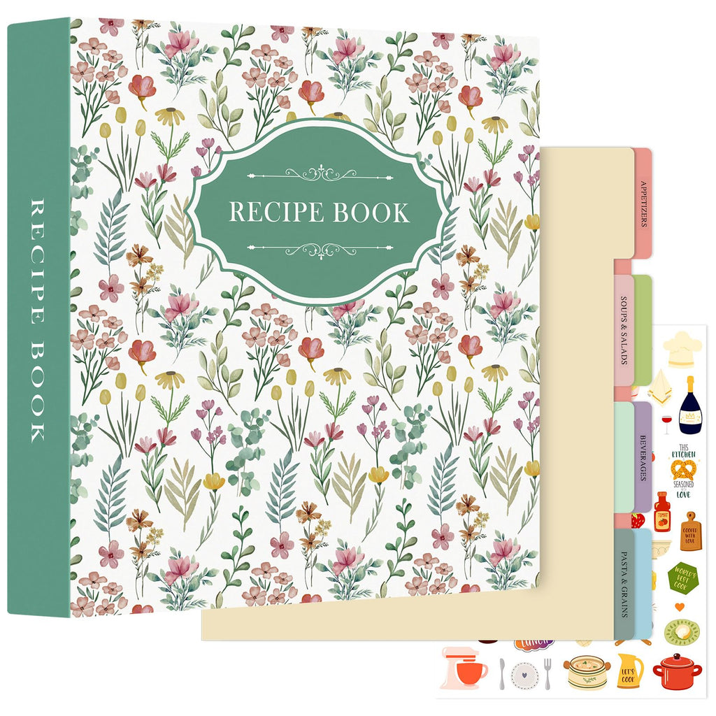 Lanpn Recipe Binder 8.5x11 3 Ring Kit, Blank Organizer Binder Recipe Book Waterproof Cookbook to Write in Your Own Recipes with 60 Plastic Sleeves,116 Recipes, Dividers,Labels & Stickers, Green