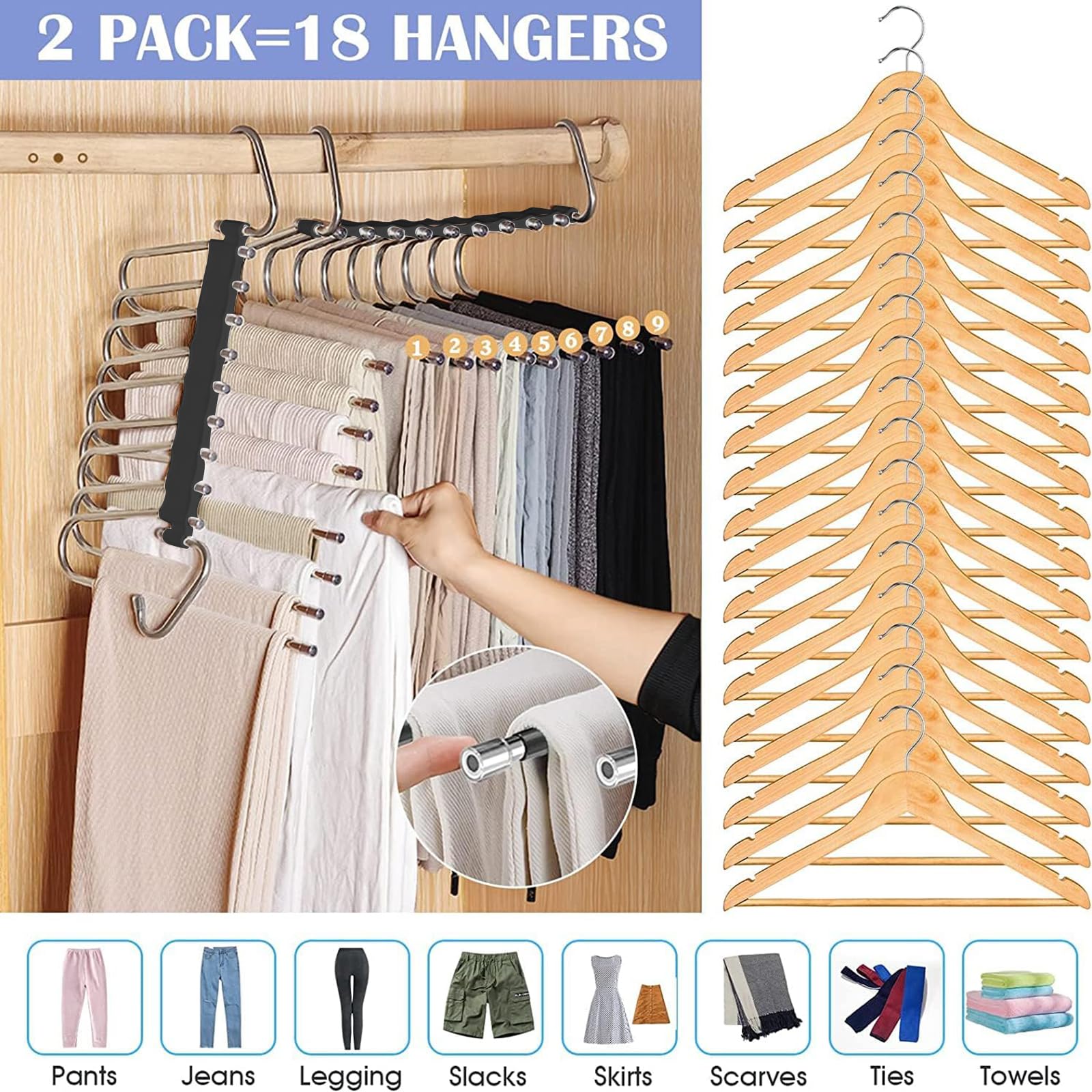 lazywoodpecker 9 Layers Pants Hangers Space Saving, Hangers for Closet Organizer Organization, Hangers for Leggings Jean Scarf Casual Pants Scarves, 2 Pcs (Black)