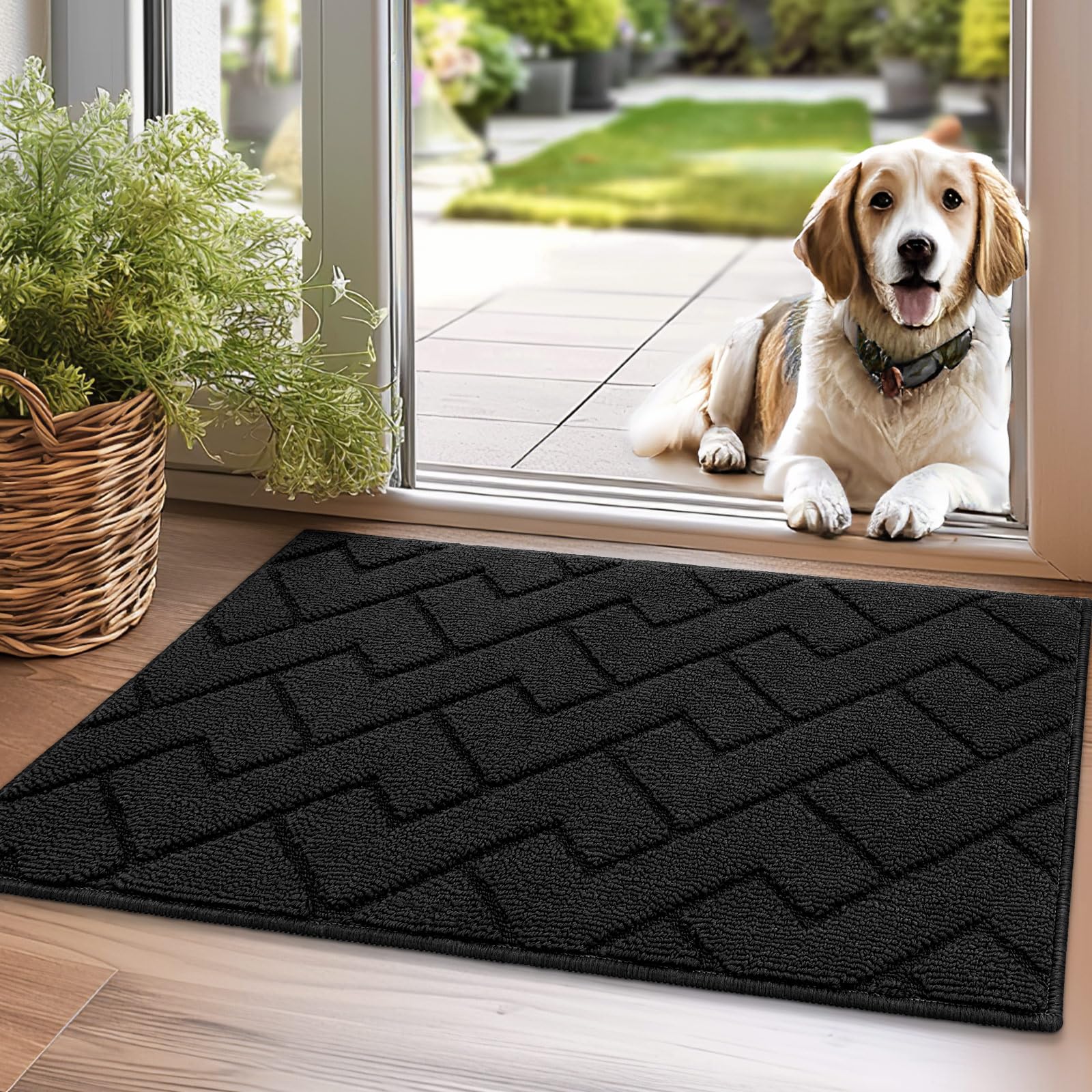 hicorfe Indoor Door Mat,20"x31.5"Non Slip Door Mats,Front Back Doormat Rubber Backing,Absorbent Resist Dirt Floor Mats Low-Profile Entrance Rug Washable Inside Entryway(Black)