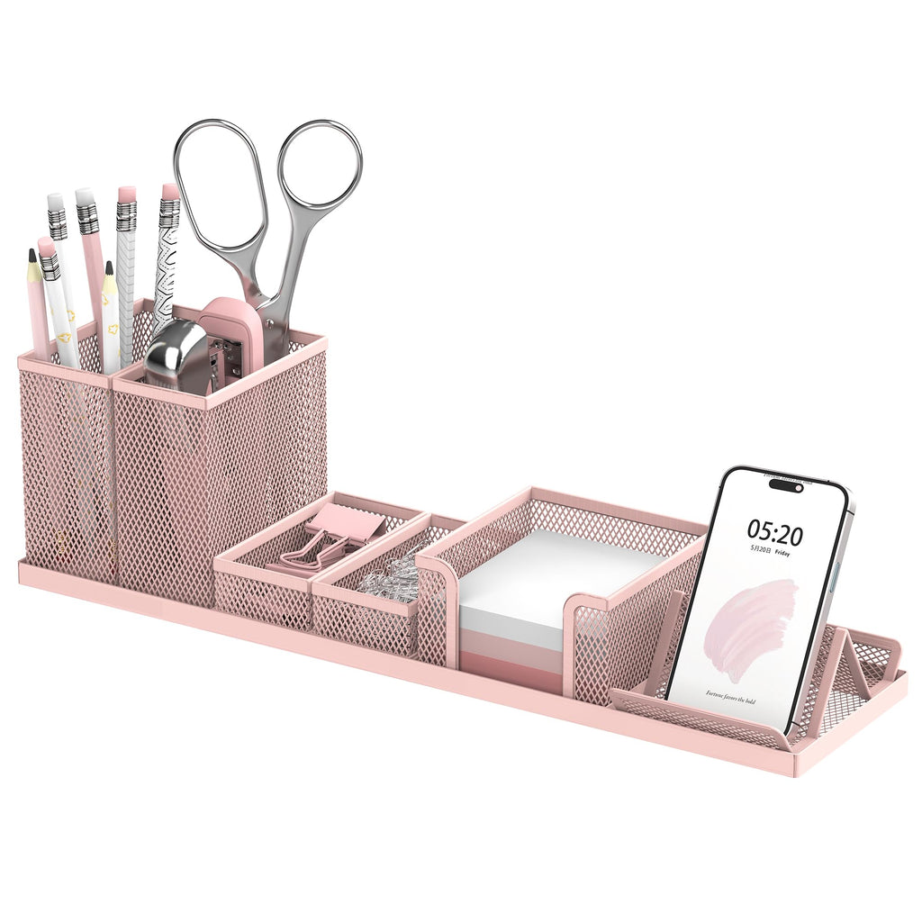 SUPEASY Desk Organizers and Accessories for Office Supplies Organization with 6 Compartments, Desk Organizer with Phone Holder, Pen Holder, Sticky Note Tray, Pink