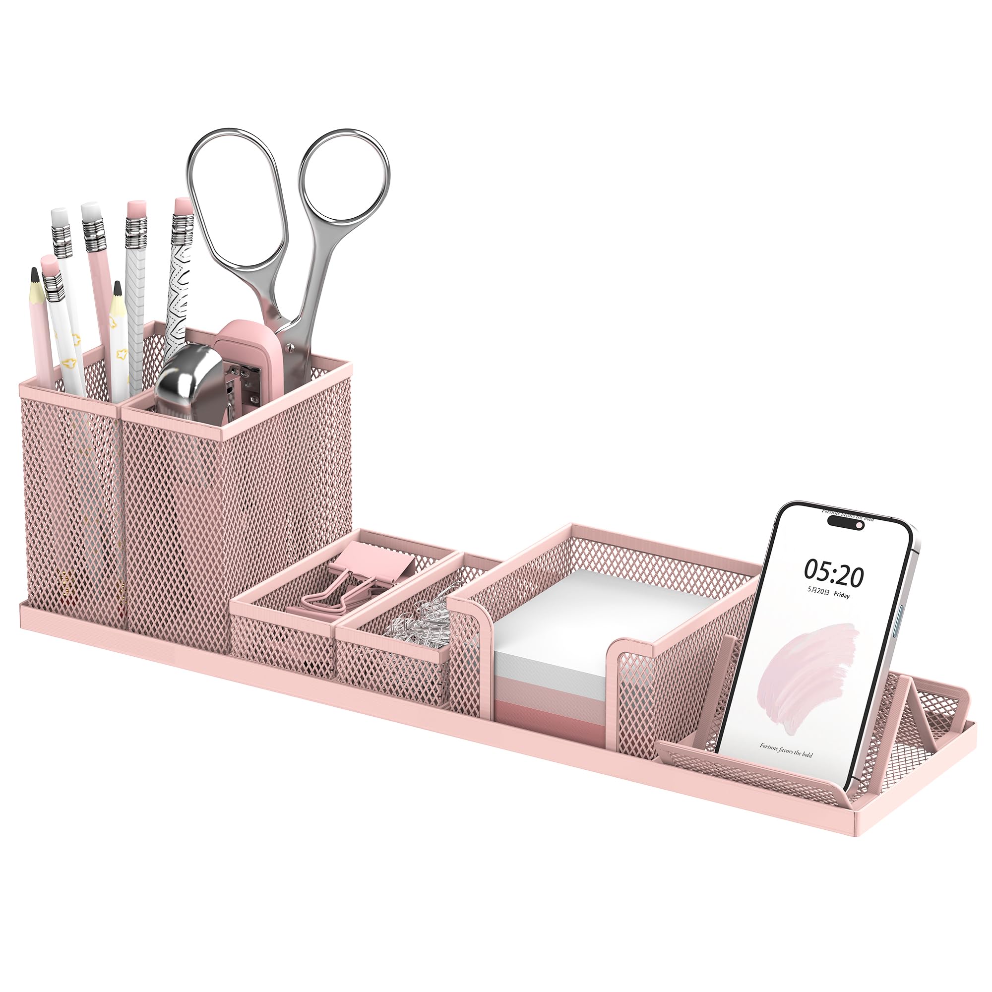 SUPEASY Desk Organizers and Accessories for Office Supplies Organization with 6 Compartments, Desk Organizer with Phone Holder, Pen Holder, Sticky Note Tray, Pink