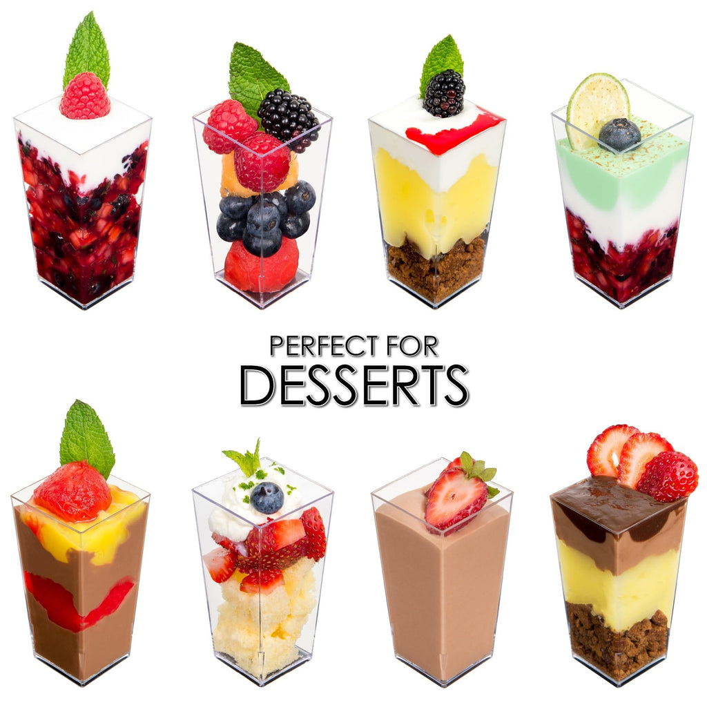 DLux 100 x 3 oz Mini Dessert Cups (no Spoons), Square Tall - Clear Plastic Parfait Appetizer Cup - Small Reusable Serving Bowl for Tasting Party Desserts Appetizers - with Recipe eBook