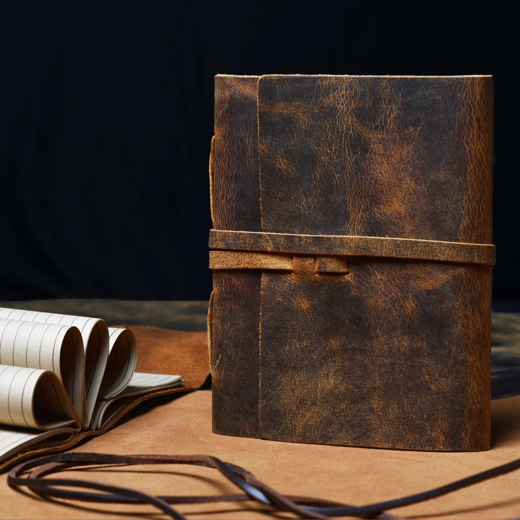 Leather Village Genuine Leather Bound Journal Writing Notebook for Men Women - Daily Writing Notepad Lined Paper 300 Kraft Pages, Handmade, Rustic Brown, 8 X 6 in (A5)
