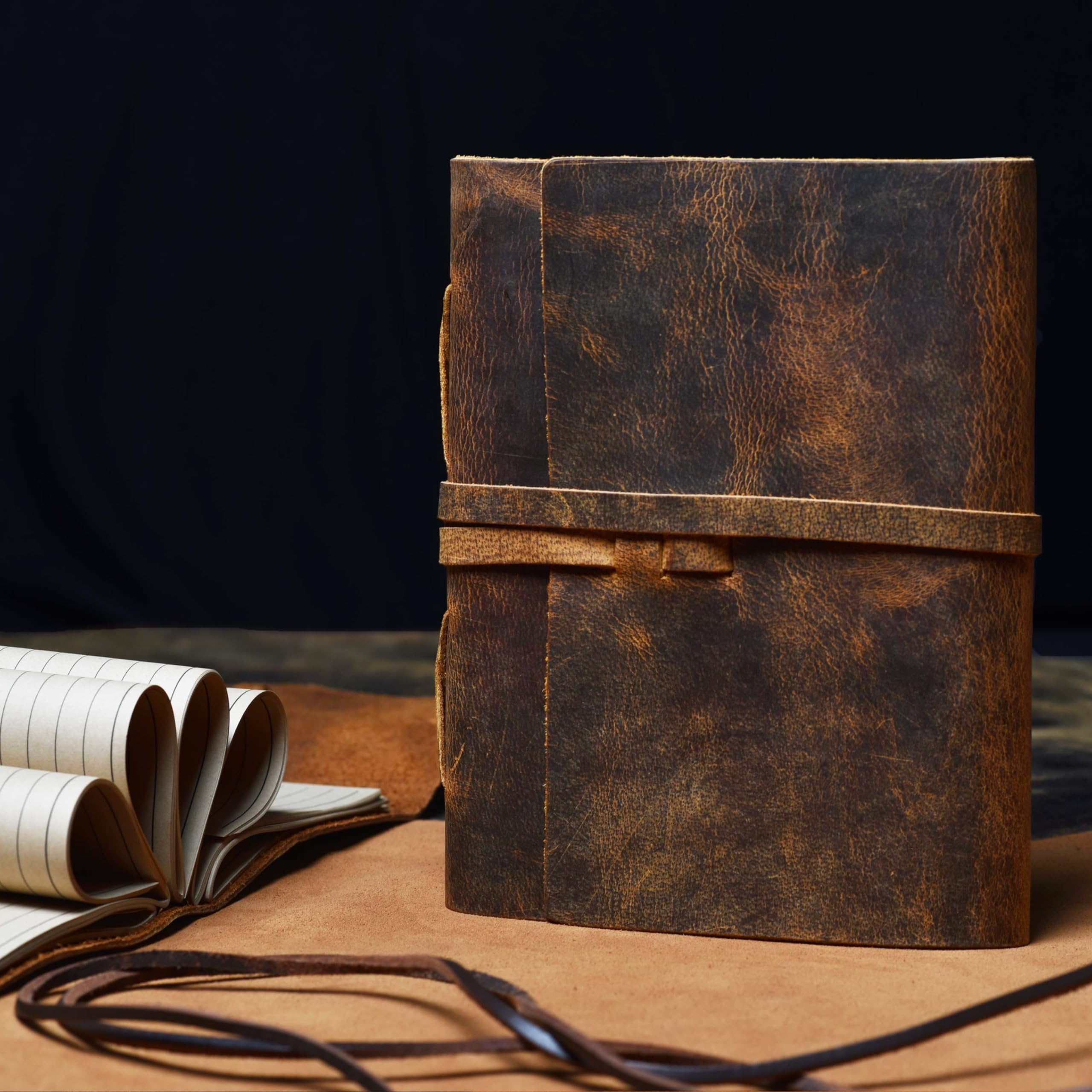 Leather Village Genuine Leather Bound Journal Writing Notebook for Men Women - Daily Writing Notepad Lined Paper 300 Kraft Pages, Handmade, Rustic Brown, 8 X 6 in (A5)