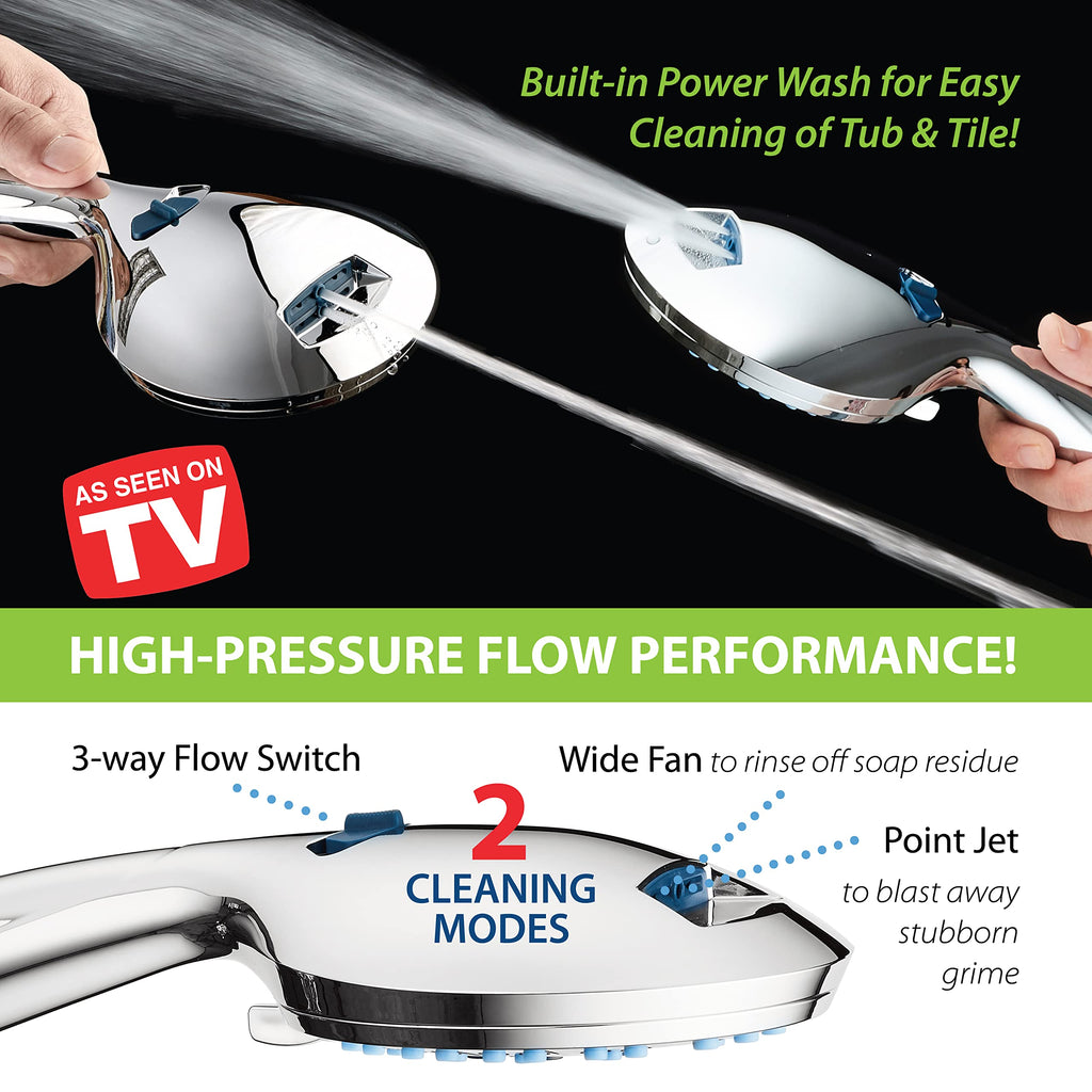 AquaCare High Pressure 8-Mode Handheld Shower Head - Anti-Clog Nozzles, Built-in Power Wash to Clean Tub, Tile & Pets, Extra Long 6 ft. Stainless Steel Hose, Wall & Overhead Brackets