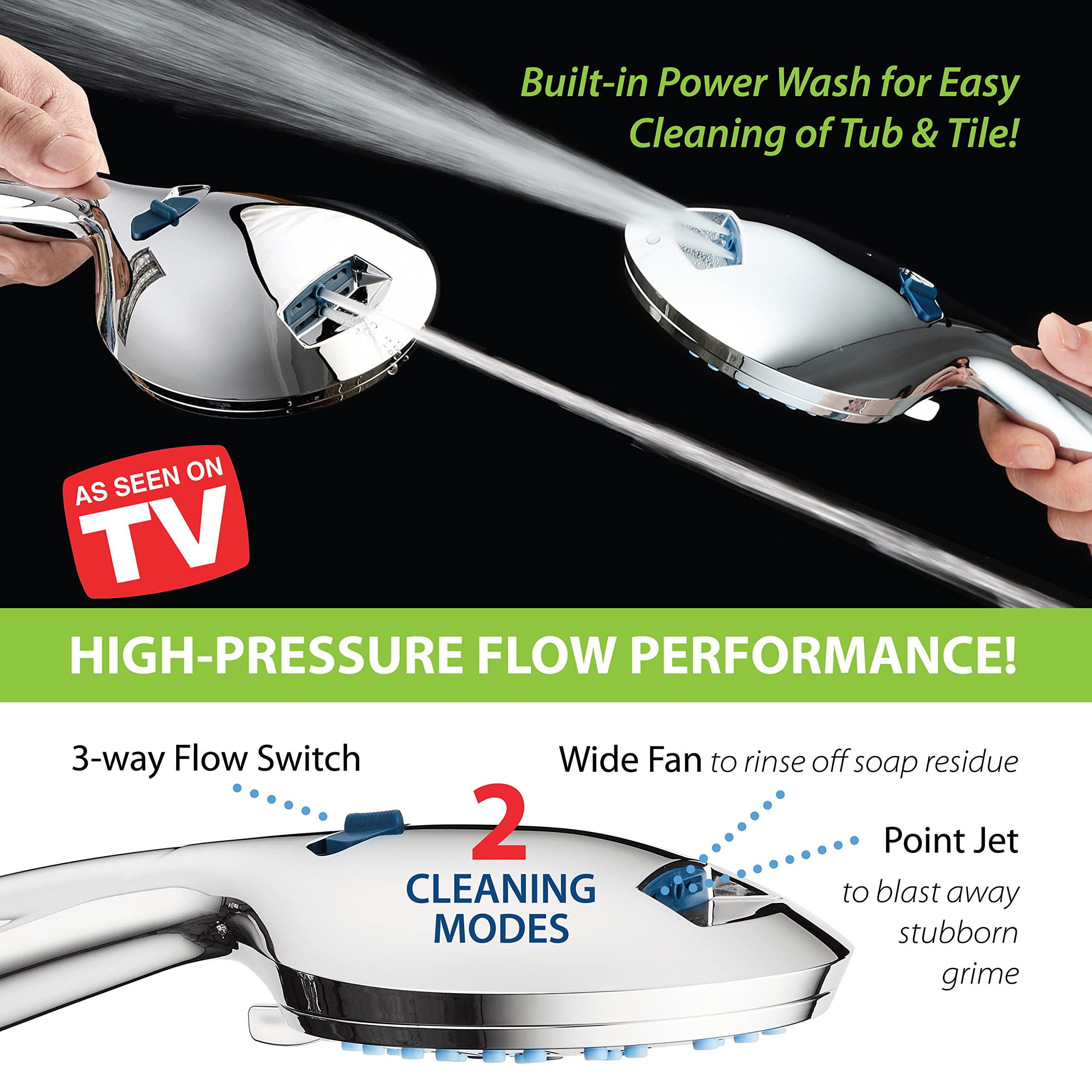 AquaCare High Pressure 8-Mode Handheld Shower Head - Anti-Clog Nozzles, Built-in Power Wash to Clean Tub, Tile & Pets, Extra Long 6 ft. Stainless Steel Hose, Wall & Overhead Brackets