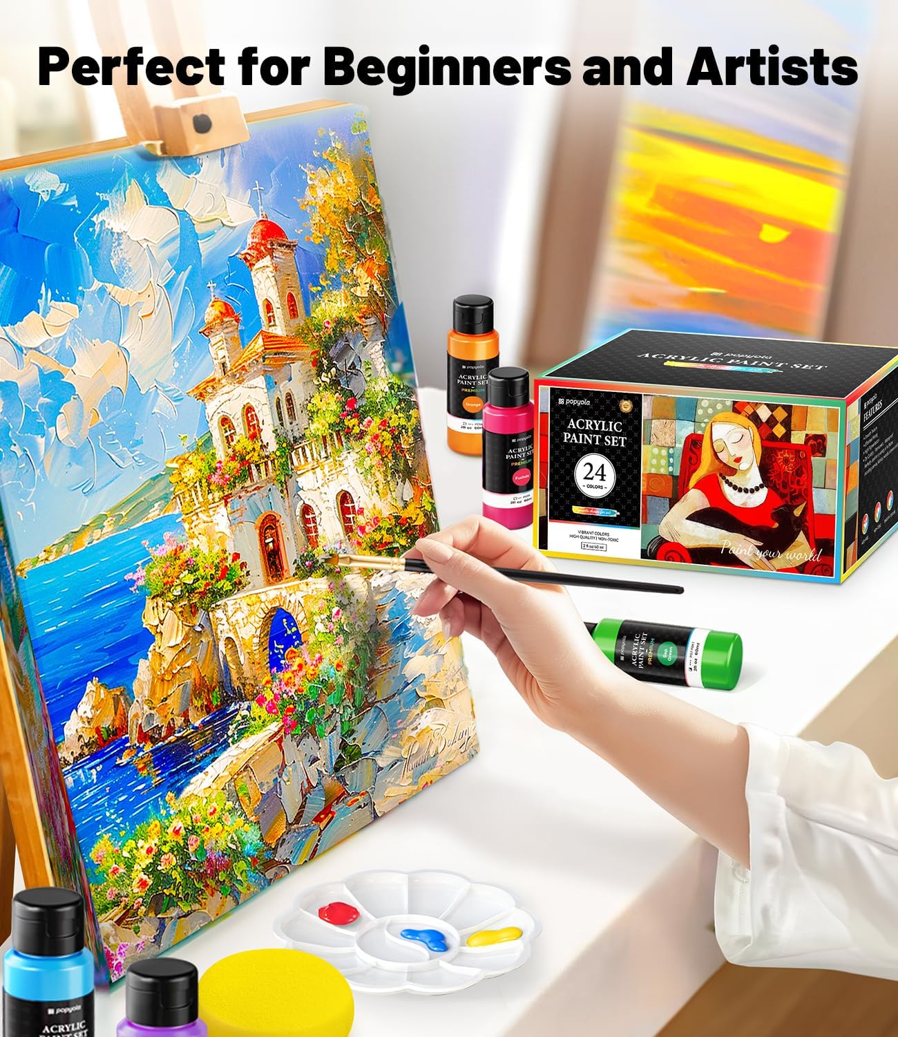 40 PCS Acrylic Paint Set with 12 Brushes, 2 Knives, Palette & Sponge, 24 Colors (2oz/60ml) Art Craft Paint for Beginners Professionals Hobbyists on Halloween Pumpkin Canvas Ceramic Rock