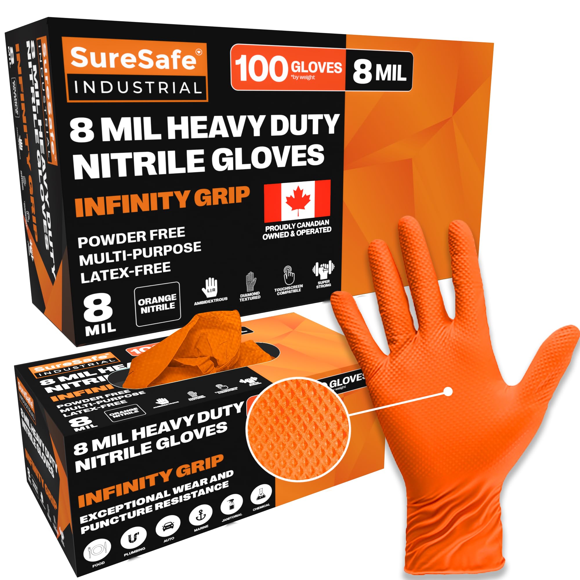 [100 Pack] SURESAFE 8 Mil Nitrile Gloves XL, Orange Food Safe Gloves Disposable, Heavy Duty Powder & Latex Free, Diamond Grip, Fully Textured & Ribbed, For Work, Mechanics, Plumbing, Food Prep