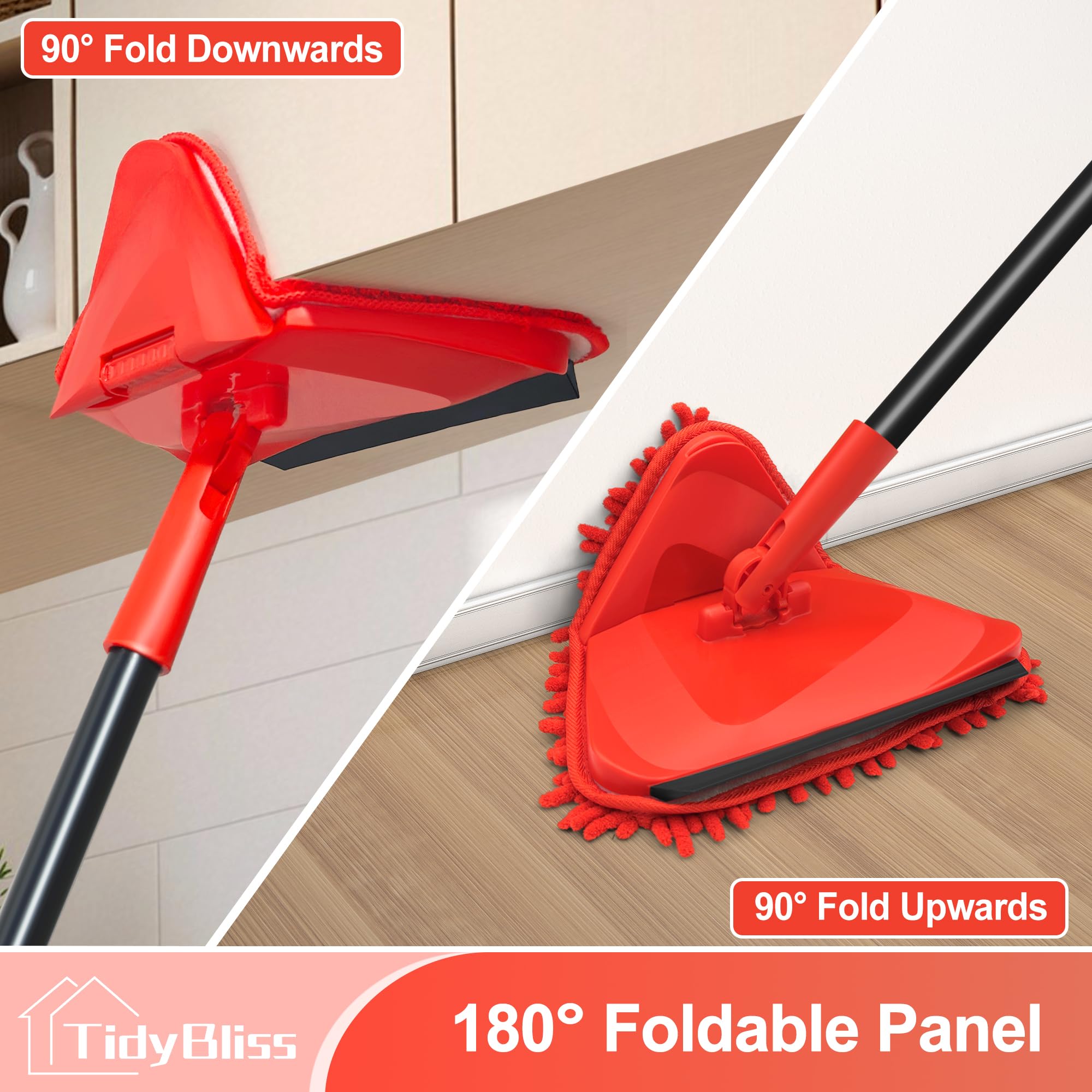 TidyBliss Wall Cleaning Mop with Long Handle 80”, Ceiling Duster Scrubber with 360° Swivel Collapsible Head, Baseboard Cleaner Tool with 3 Chenille and 3 Microfiber Pads for Windows Floor (Red)