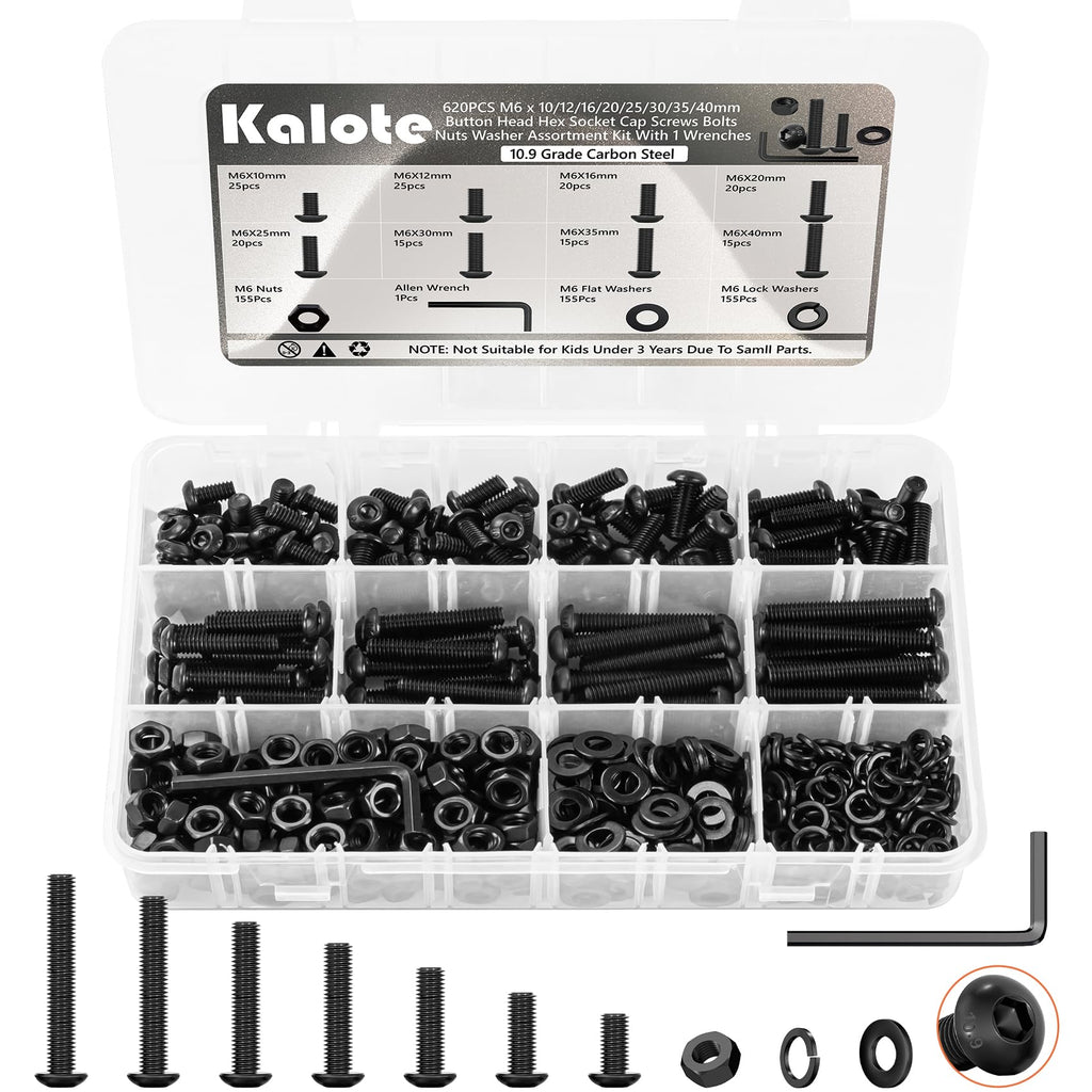620Pcs M6 Screw Assortment Kit, Bolts Screws Nuts Kit, M6 x 10/12/16/20/25/30/35/40mm Metric Button Head Hex Socket Head Cap Bolts, 10.9 Grade Alloy Steel Black Screws with Wrench for 3D Printer