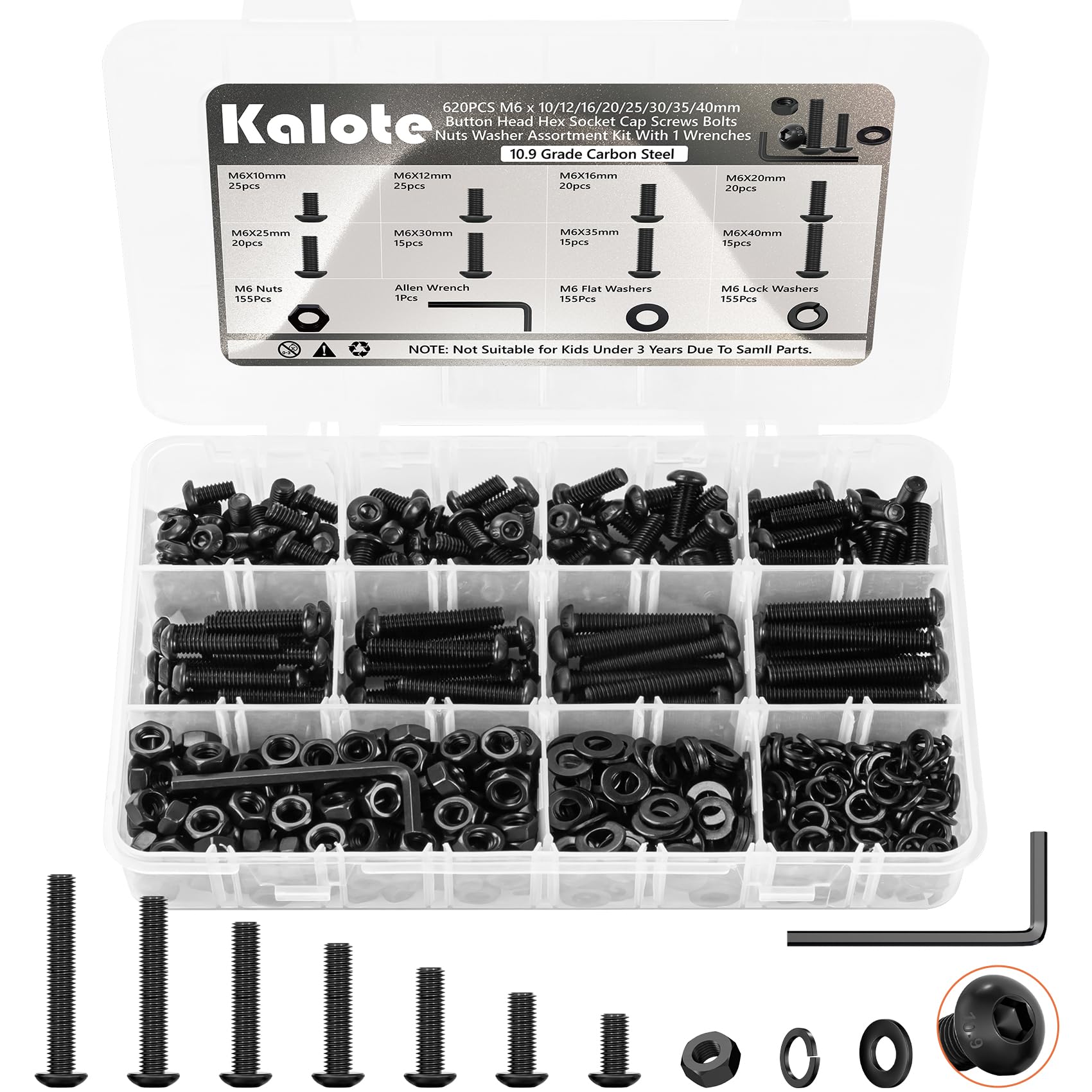 620Pcs M6 Screw Assortment Kit, Bolts Screws Nuts Kit, M6 x 10/12/16/20/25/30/35/40mm Metric Button Head Hex Socket Head Cap Bolts, 10.9 Grade Alloy Steel Black Screws with Wrench for 3D Printer