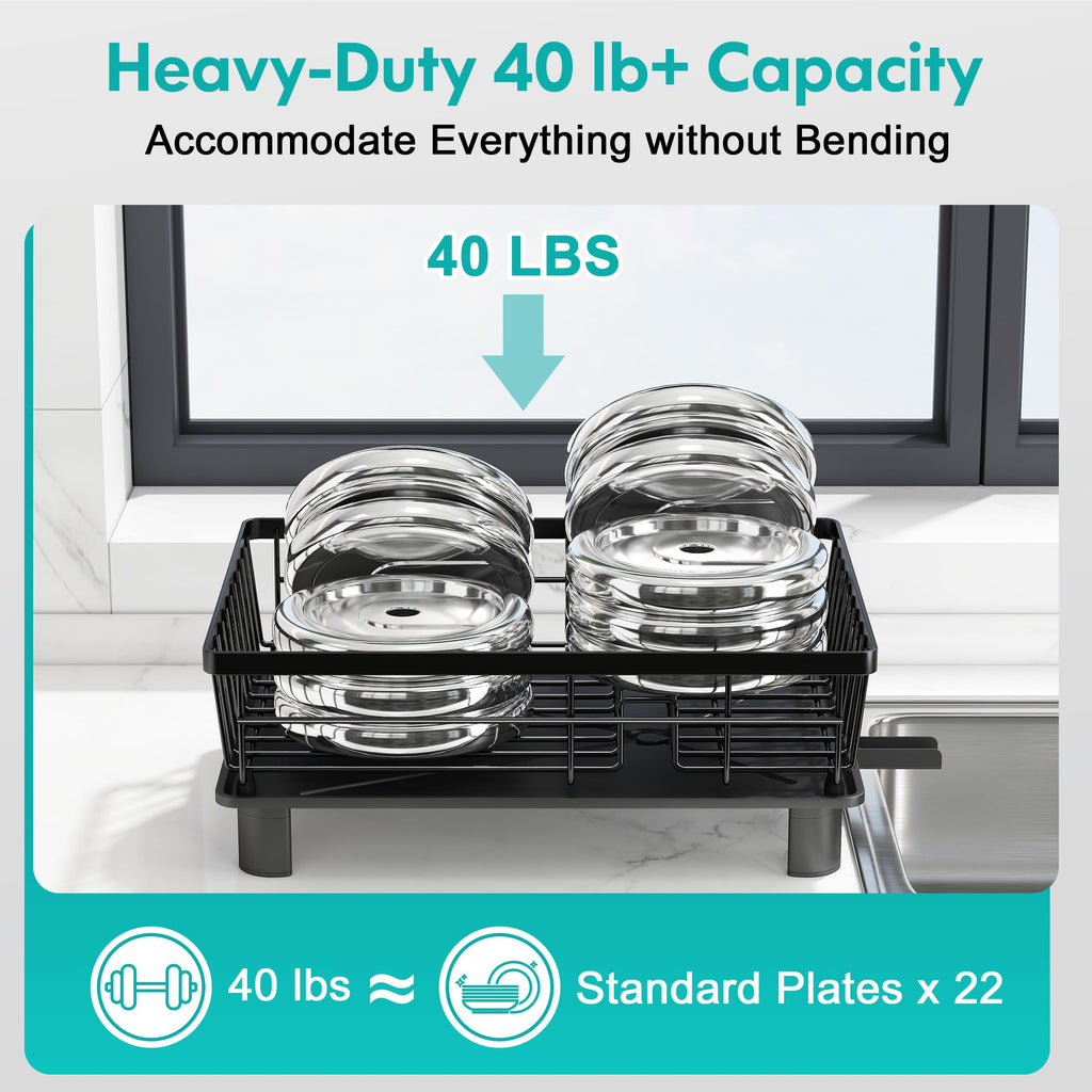 MAJALiS Stainless Steel Dish Drying Rack with Drain Board for Kitchen Counter, Rust Proof Small Dish Drainer with Drainage, Black Iron Dish Storage Organizer, Cutlery Holder and Extra Dryer Tray