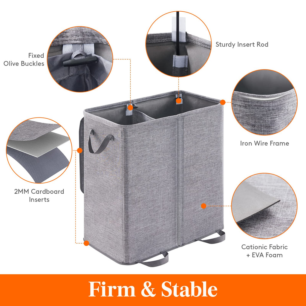 Lifewit Double Laundry Hamper with Lid and Removable Laundry Bags, Large Collapsible 2 Dividers Dirty Clothes Basket with Handles for Bedroom, Laundry Room, Closet, Bathroom, College, Grey