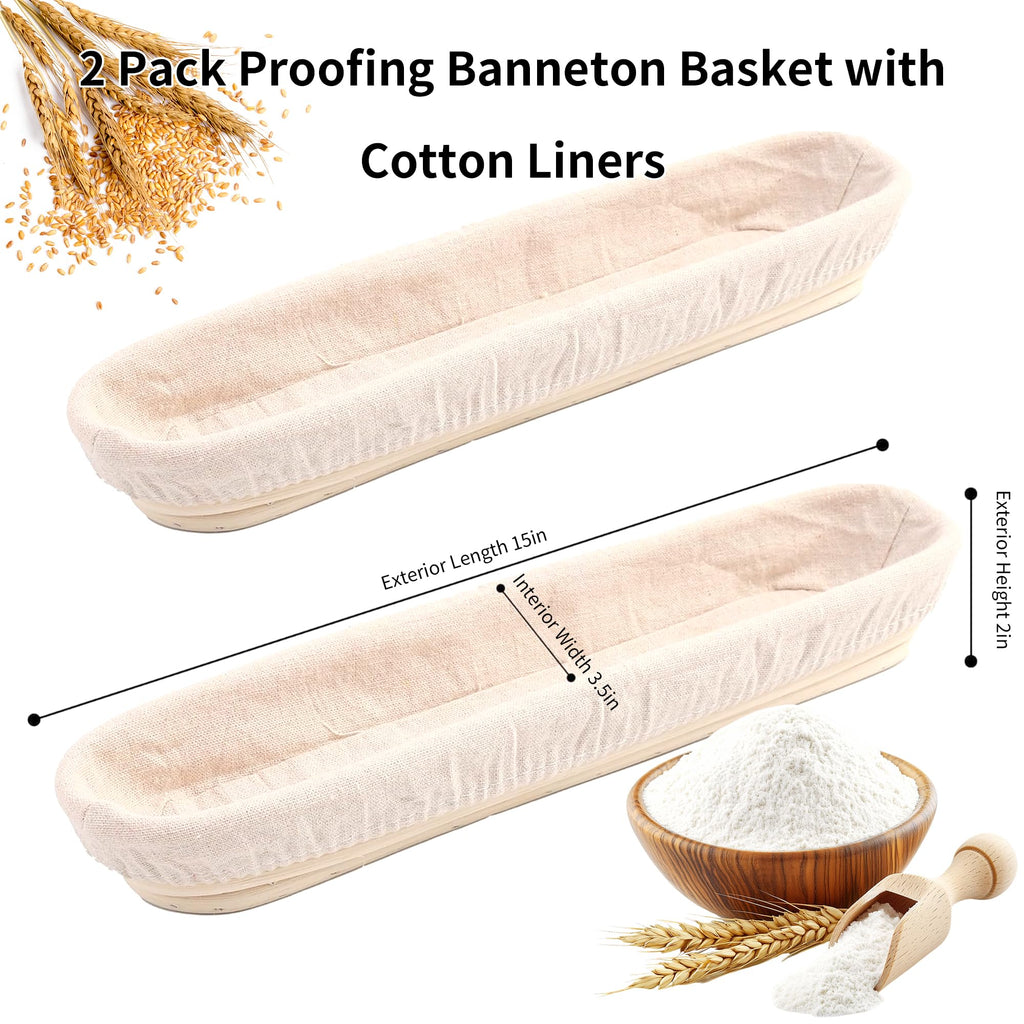 Banneton Bread Proofing Basket - 15 Inch Baguette Sourdough Bread Basket with Liner - Set of 2- Natural Rattan