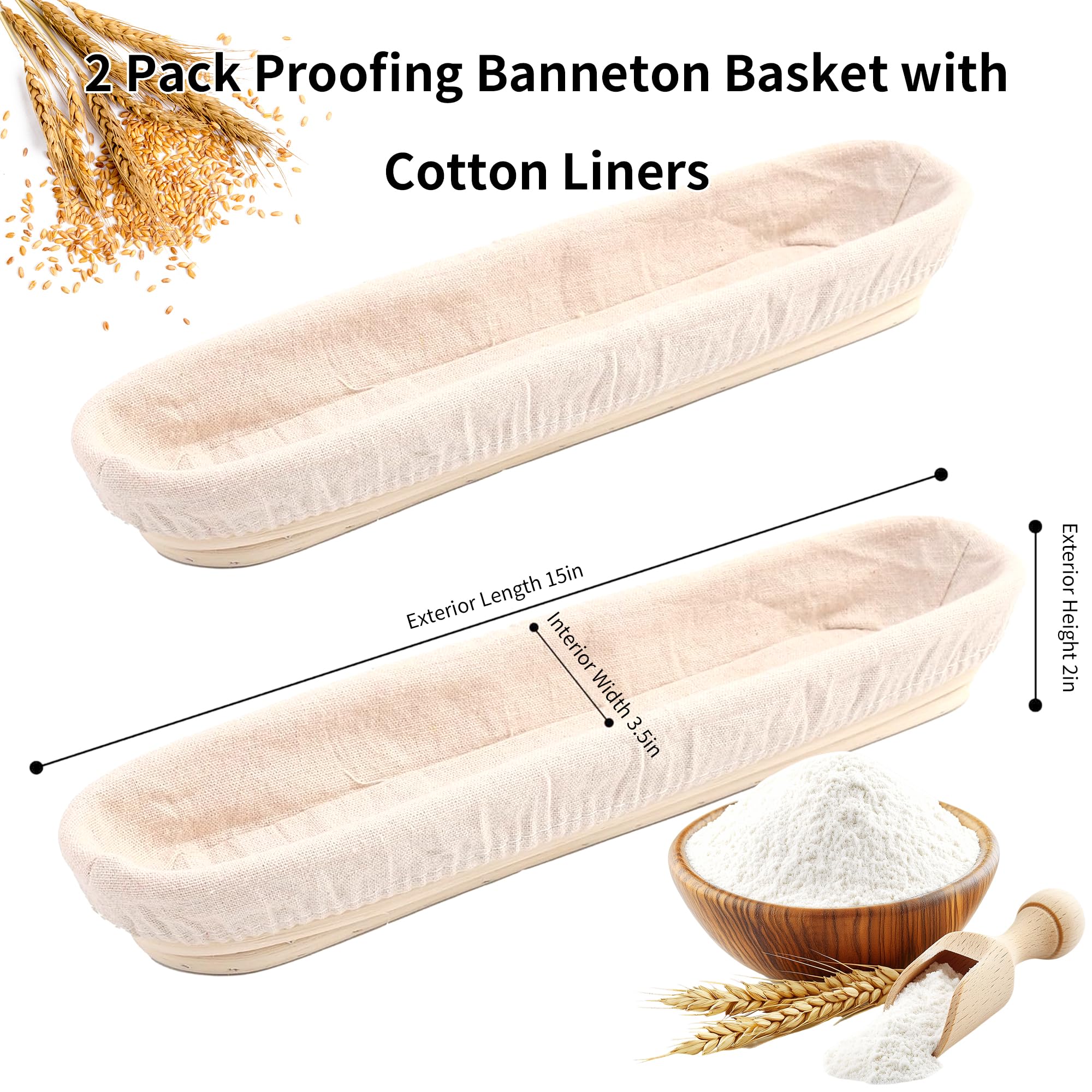Banneton Bread Proofing Basket - 15 Inch Baguette Sourdough Bread Basket with Liner - Set of 2- Natural Rattan