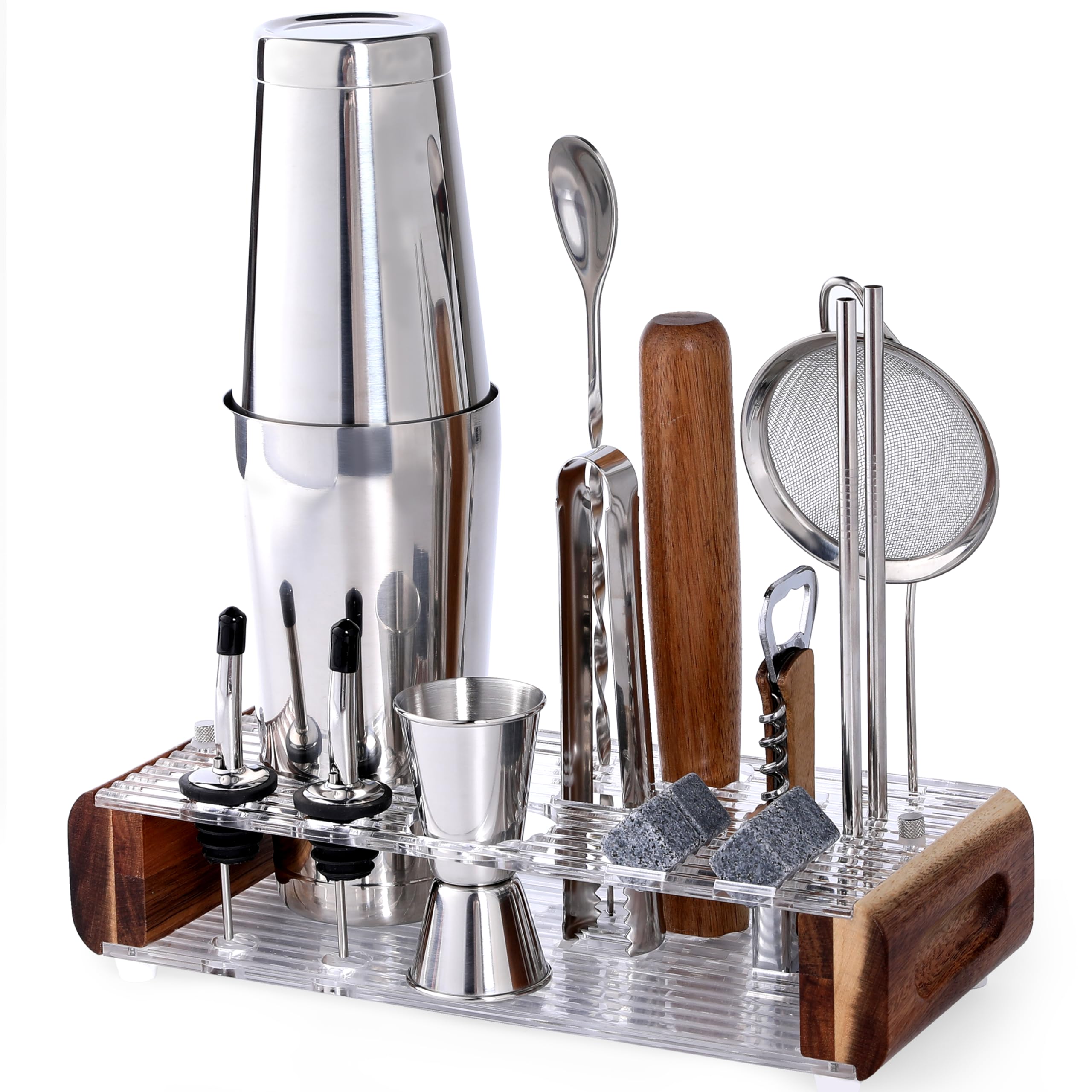 Mixology Bartender Kit with Wood Stand-18 Piece Bar Tool Set, Silver Bar Set Boston Shaker for Drink Mixing-Includes Boston Shaker, Jigger, Hawthorne Strainer, Mixer Spoon, Tongs, Opener|Gift Idea