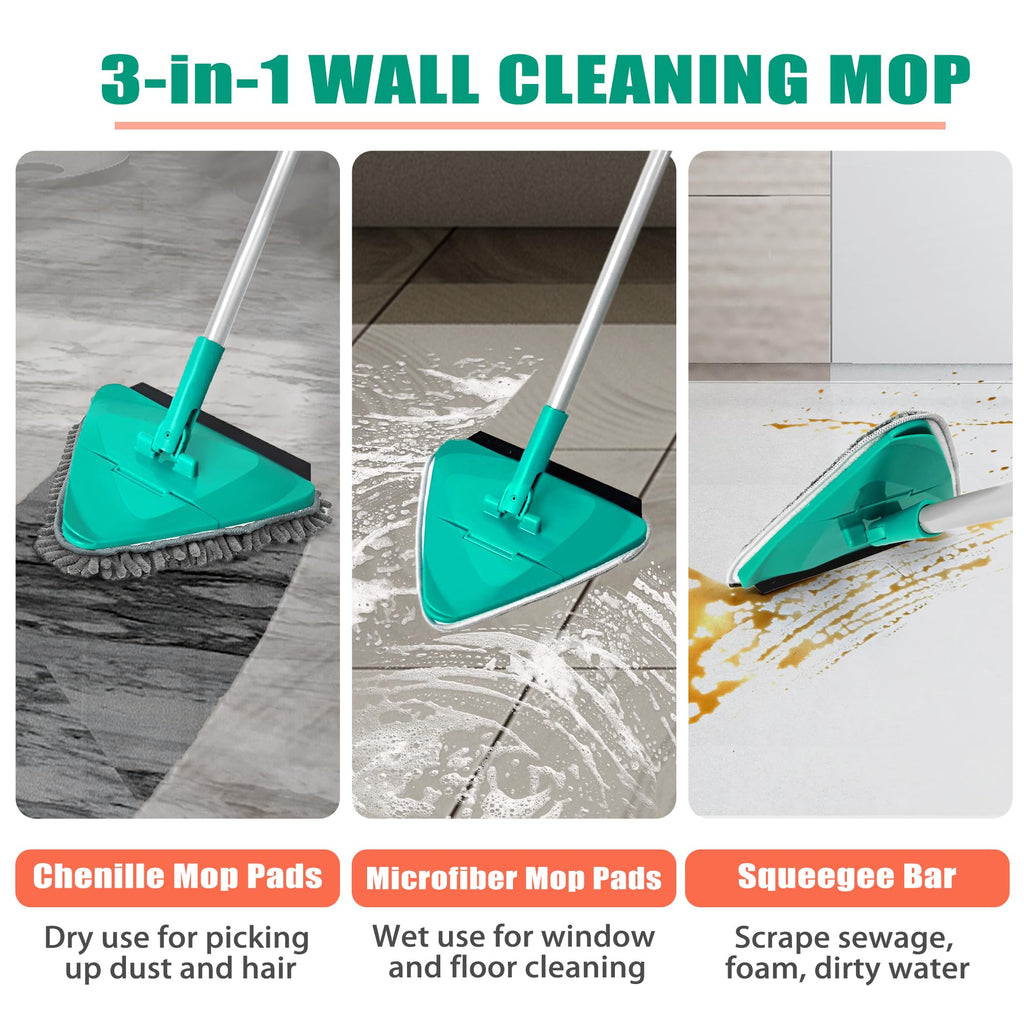 JEHONN Wall Cleaner Mop with Long Handle,Ceiling Duster with Microfiber and Chenille Pad for Cleaning Window, Cabinet,Painted Walls, Floor, Baseboard (Green)
