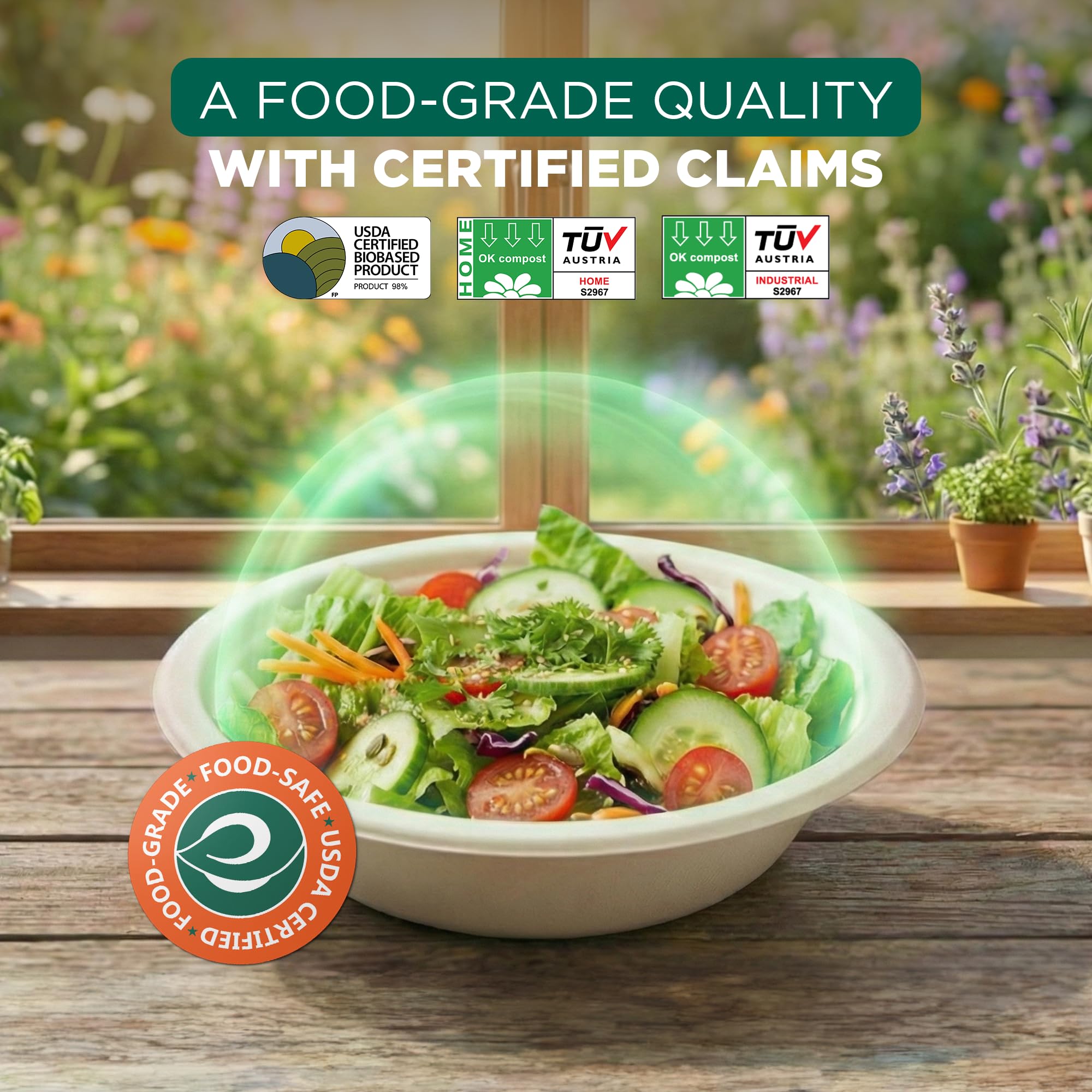 Eco Soul 12 Oz Compostable Disposable Paper Bowls [100 Pack] Food Safe Leak-Free 100% Virgin Bagasse Biodegradable Heavy Duty Ramen Soup Bowl for Hot & Cold Food Microwave Safe [Small, Round, Brown]