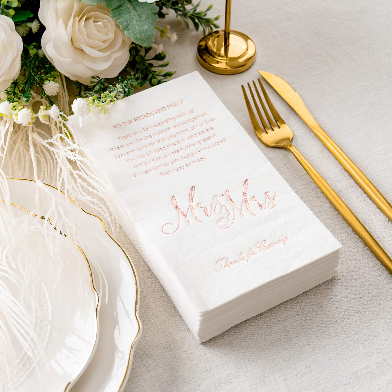 Crisky Rose Gold Mr & Mrs Dinner Napkins Wedding Dinner Napkins Replace Thank You Card Disposable Decorative Towels for Wedding Shower Banquet Rehearsal Dinner Decorations,50 Pcs, 3-ply, 12"x16"