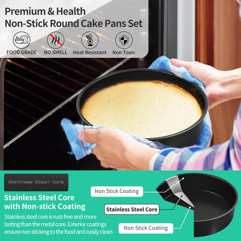 8 Inch Round Cake Pan Set, P&P CHEF 3 Piece Non-Stick Cake Baking Pans for Birthday Wedding Layer Cakes, Stainless Steel Core & One-Piece Design, Sturdy & Healthy, Black