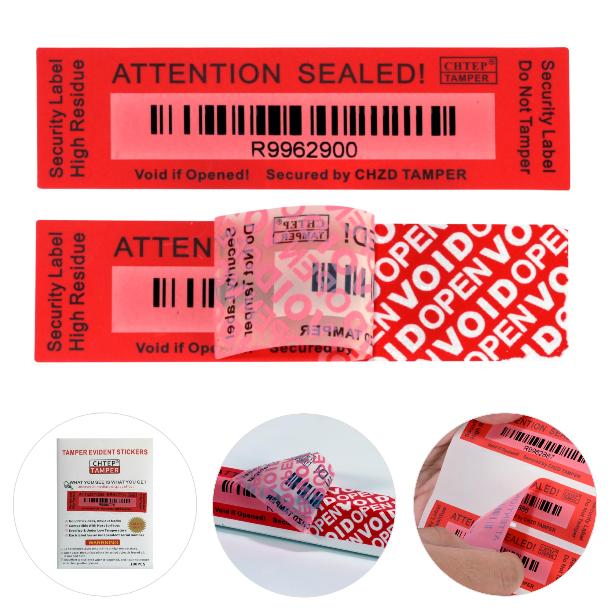 ChtepTamper 100 Pieces Total Transfer Tamper-Evident Stickers Security Labels Great for Goods Shipping,Exchange of Agency Files, Privacy Protection or More(Serial Number 1 * 3.54inches Red)