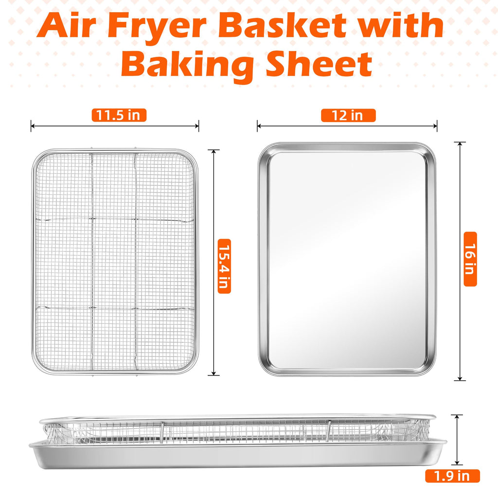 TeamFar Air Fryer Tray and Basket, 16”x12” Stainless Steel Air Fryer Basket for Oven, Oven Rack with Baking Pan for Cooking Baking Broiling Grilling, Heavy Duty & Dishwasher Safe