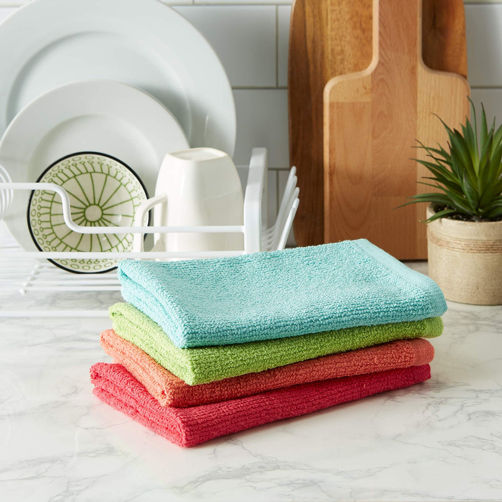 DII 100% Cotton, Machine Washable, Ultra Absorbent, Everyday Kitchen Basic, Utility, Bar Mop Dishtowel 16 x 19 Set of 4- Brights