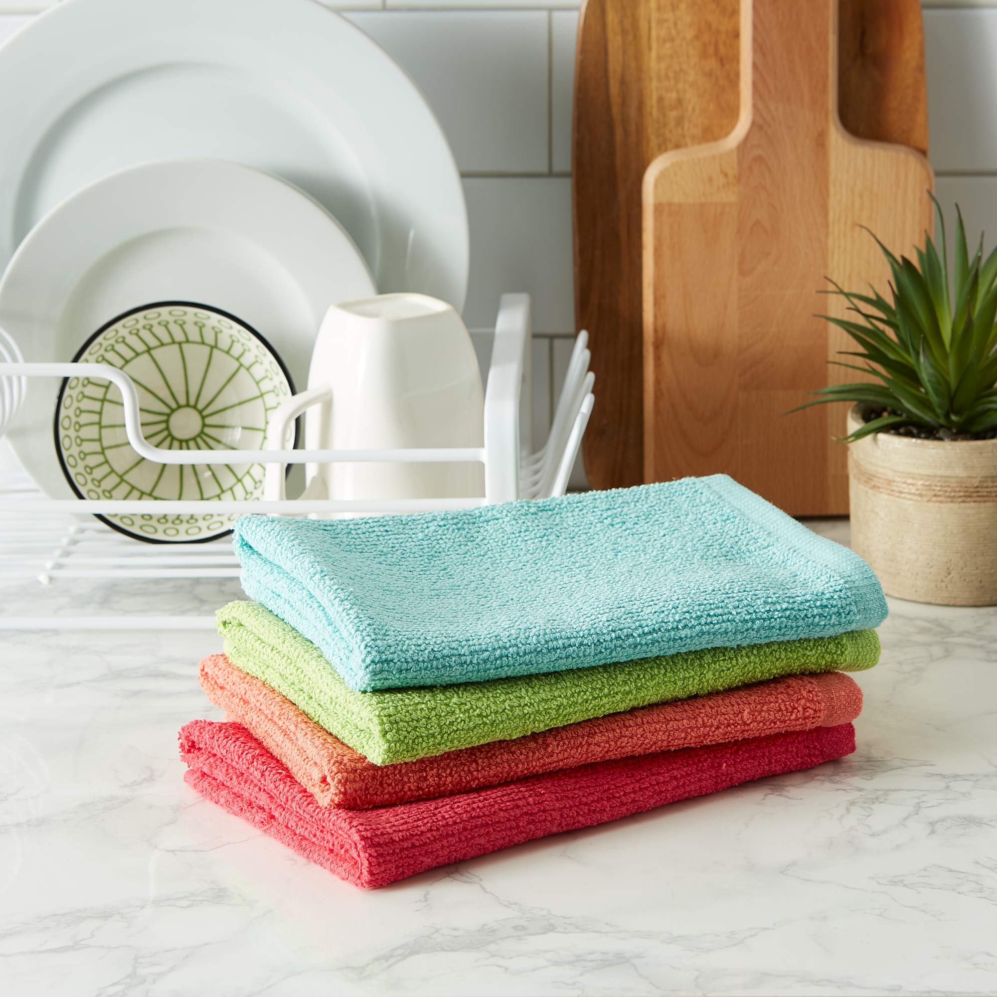 DII 100% Cotton, Machine Washable, Ultra Absorbent, Everyday Kitchen Basic, Utility, Bar Mop Dishtowel 16 x 19 Set of 4- Brights