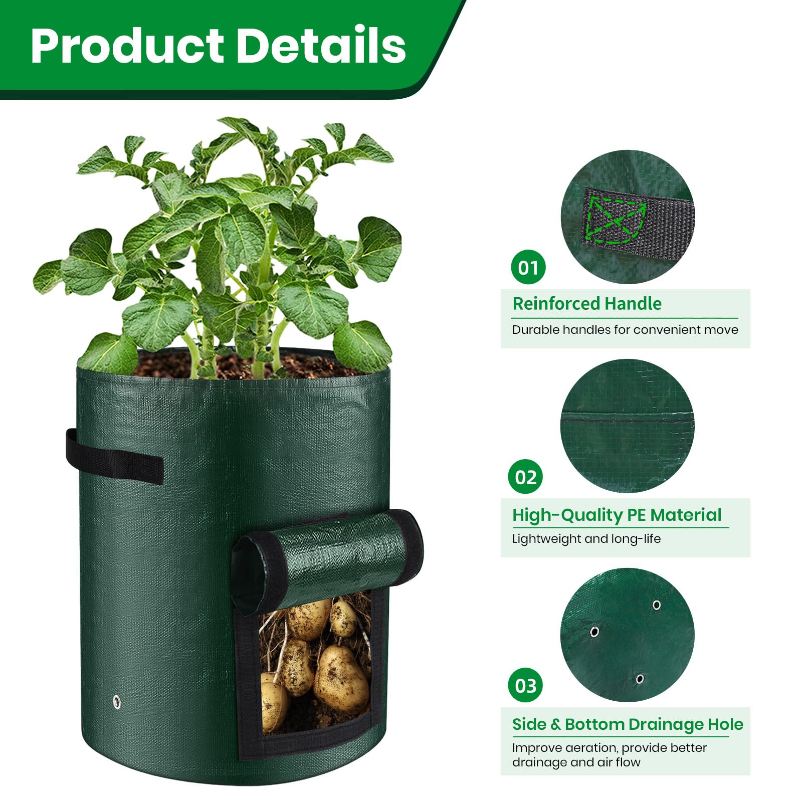 6 Pack Grow Bags, 10 Gallon Potato Growing Bags Durable PE Vegetable Planter Bag with Flap and Handles Large Garden Pots Potato Growing Containers for Vegetables, Fruits and More