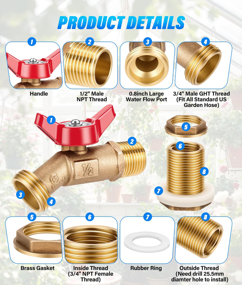 WADEO Rain Barrel Spigot Kit 1/4 Turn Ball Value Spigot with Bulkhead Fitting