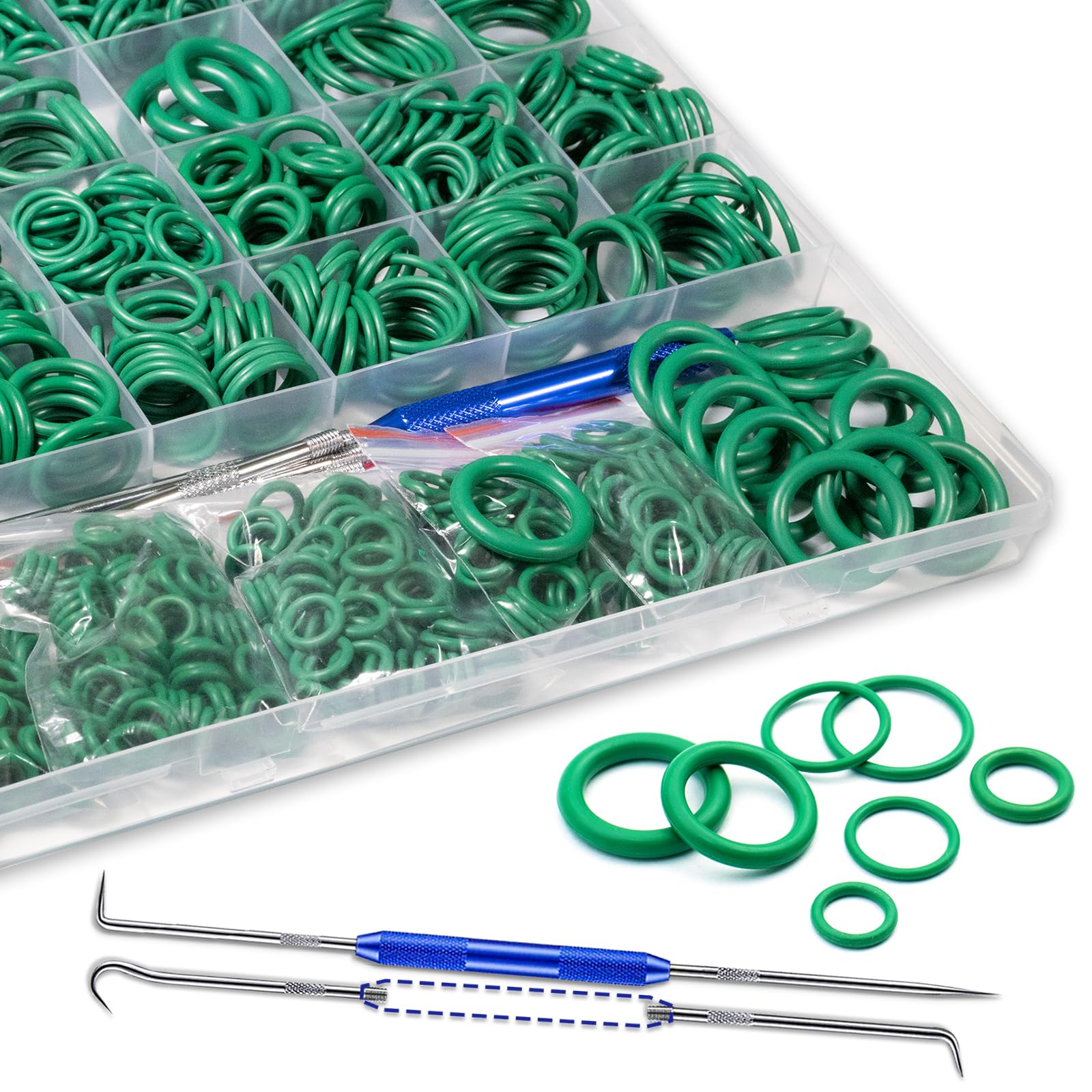 XBVV 595 Pcs Metric and SAE Air Conditioning O-Ring Kit for Automotive A/C, Compressor and Professional Faucet Plumbing Seal Orings Repair with O-Ring Picks,Resist Oil and Heat (Green)