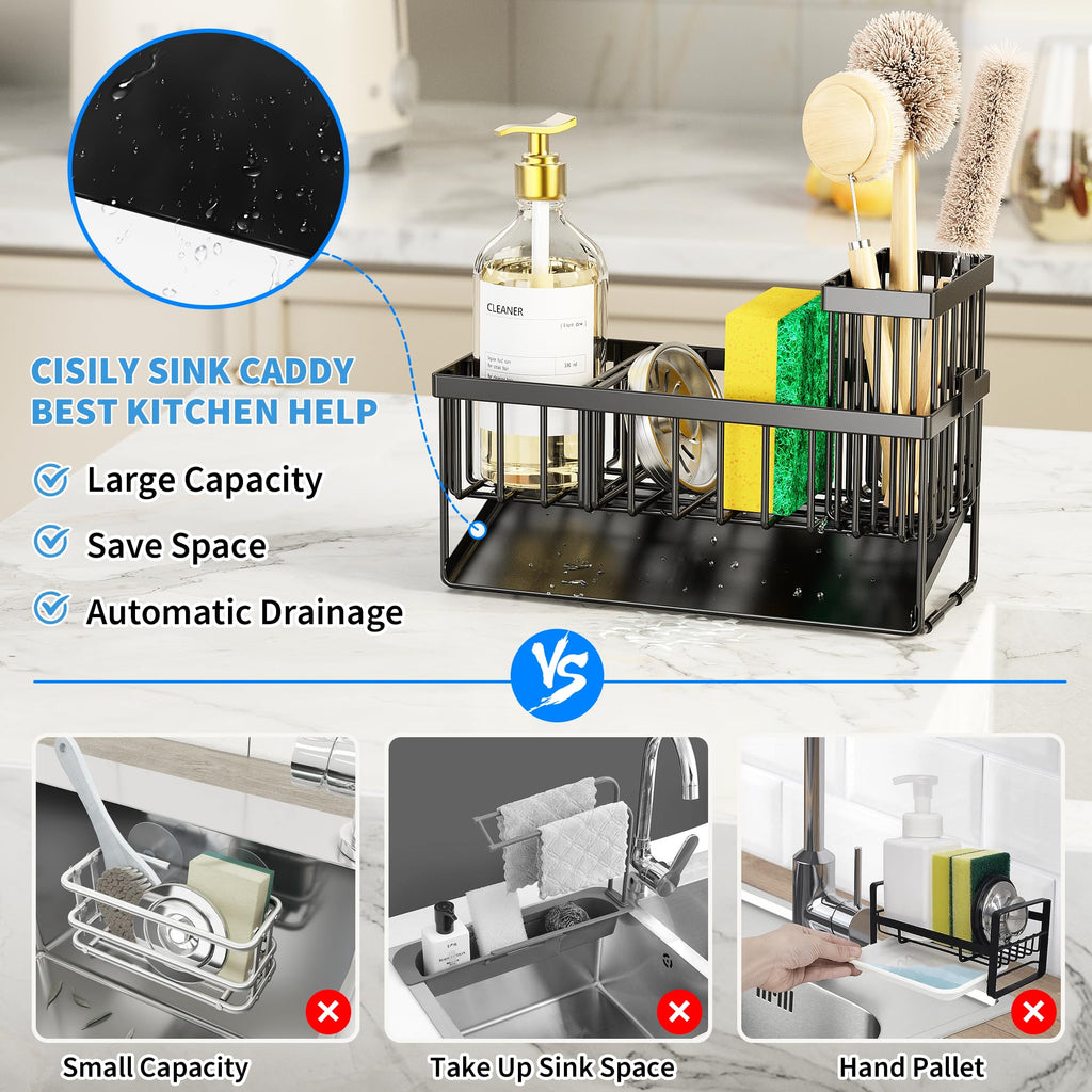 Cisily Kitchen Sink Caddy Organzier with High Brush Holder, Sponge Holder for Sink, 304 Rustproof Stainless, Kitchen Countertop Soap Dispenser Organizer, Kitchen Decor and Accessories (Black)